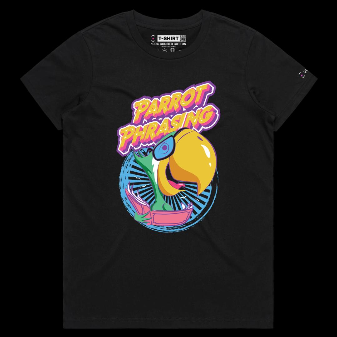 VOICEART Black Female Regular Parrot Phrasing Funny Animals T-Shirt Premium Quality Birds Wordplay Tee with Double Meaning