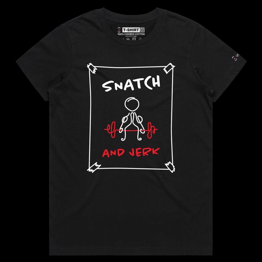 VOICEART White Female Regular Weightlifting Sports T-Shirt Premium Graphic Design Figure Doing Snatch and Jerk Wordplay Tee