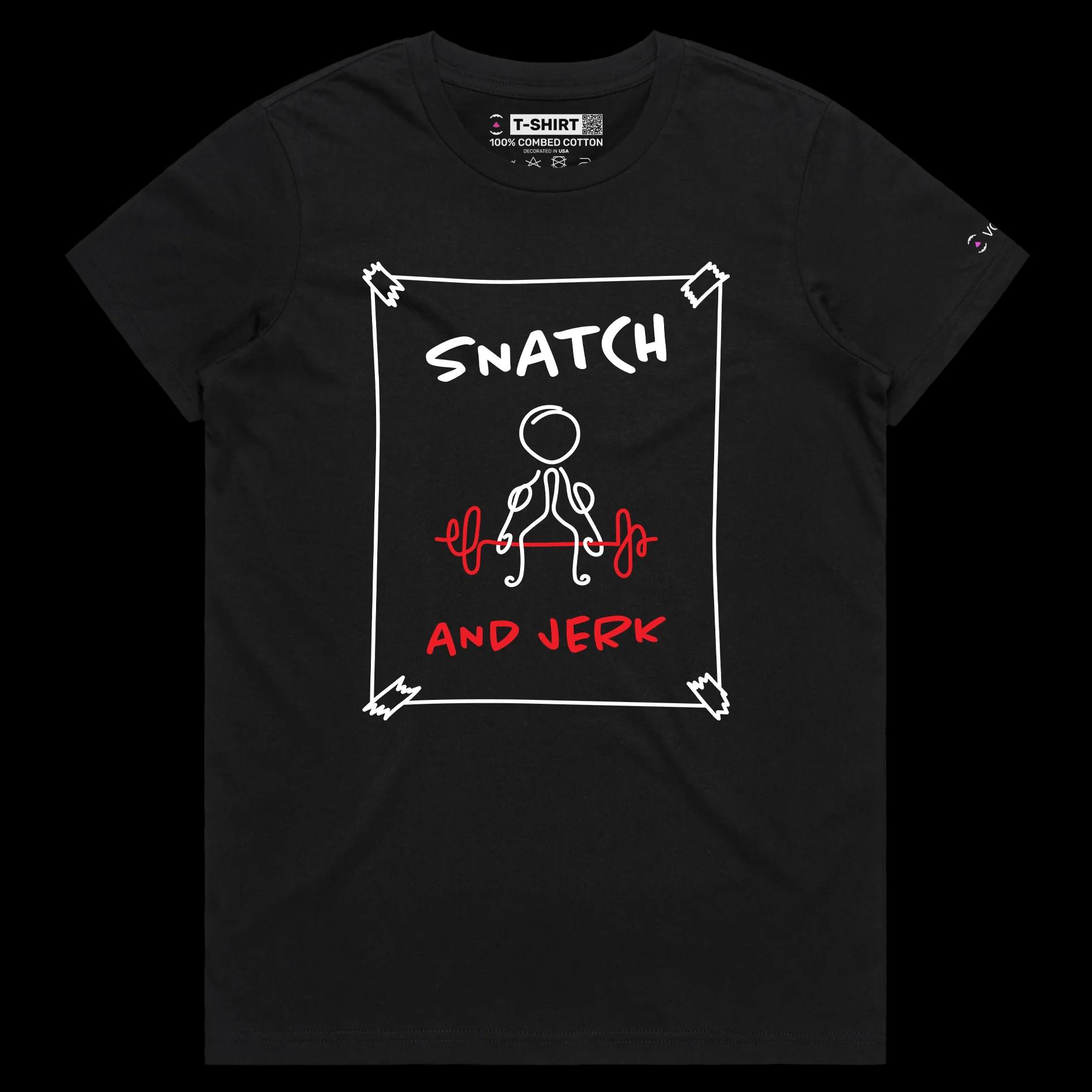 VOICEART White Female Regular Weightlifting Sports T-Shirt Premium Graphic Design Figure Doing Snatch and Jerk Wordplay Tee