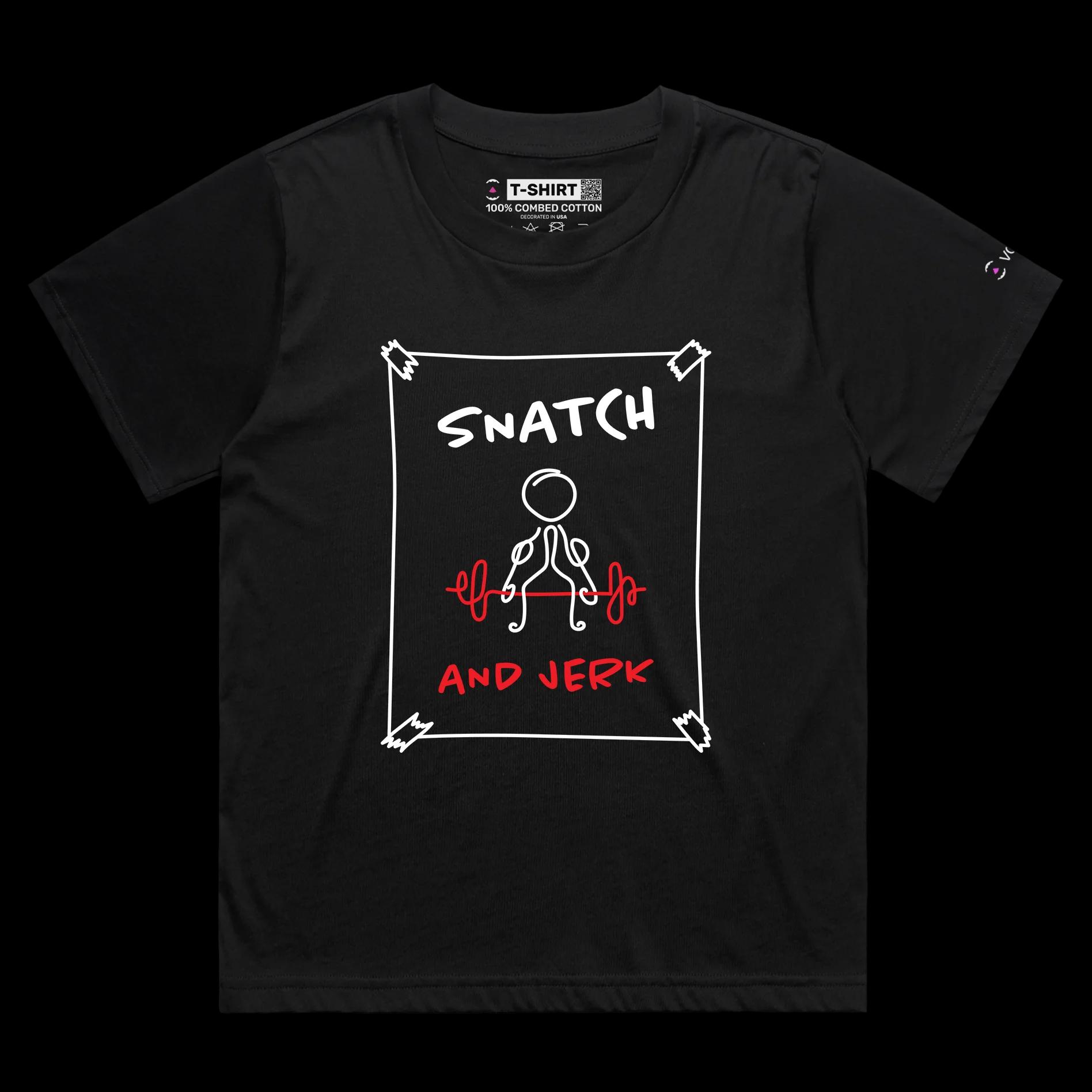 VOICEART Black Female Loose Weightlifting Sports T-Shirt Premium Graphic Design Figure Doing Snatch and Jerk Wordplay Tee