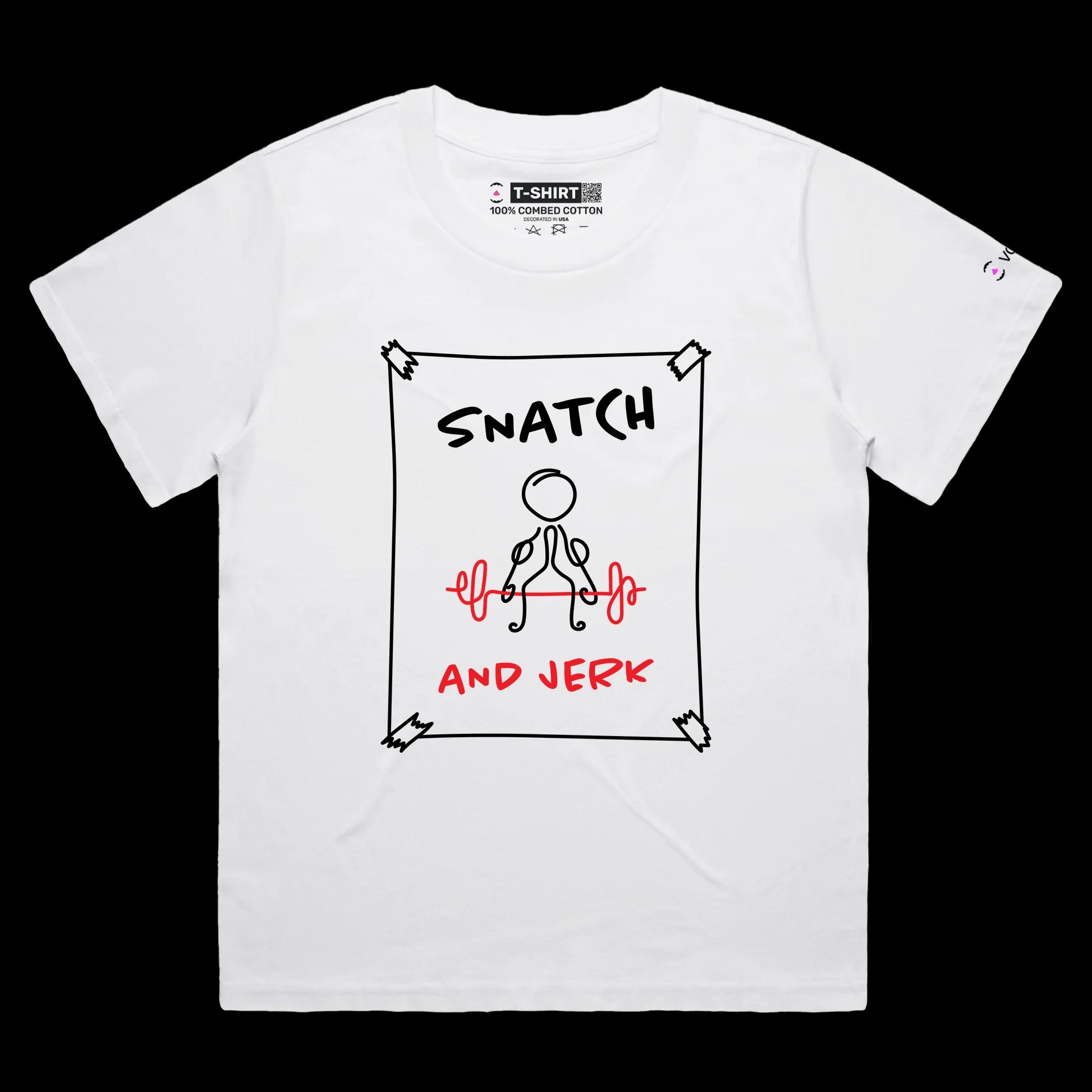 VOICEART White Female Loose Weightlifting Sports T-Shirt Premium Graphic Design Figure Doing Snatch and Jerk Wordplay Tee