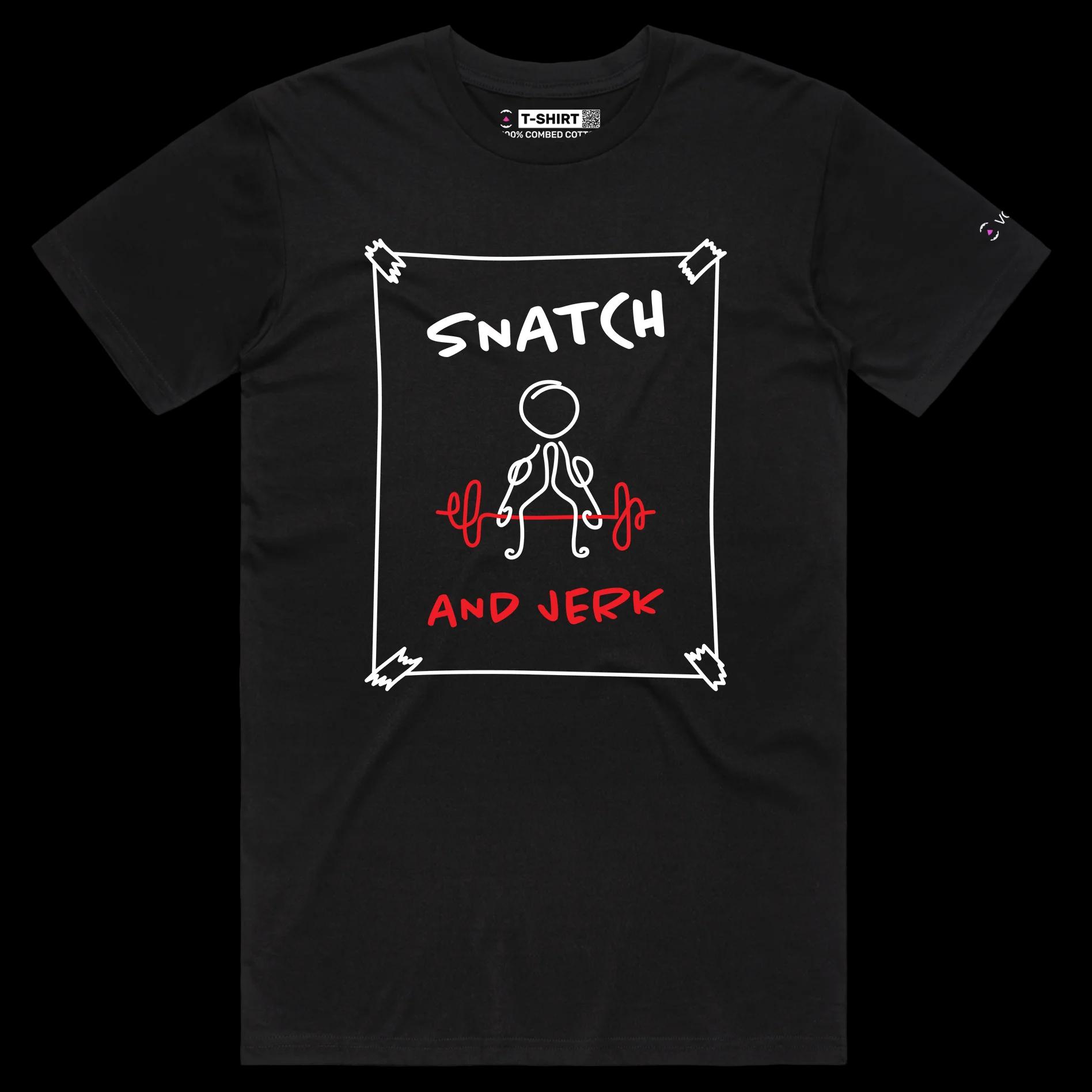 VOICEART Black Male Regular Weightlifting Sports T-Shirt Premium Graphic Design Figure Doing Snatch and Jerk Wordplay Tee