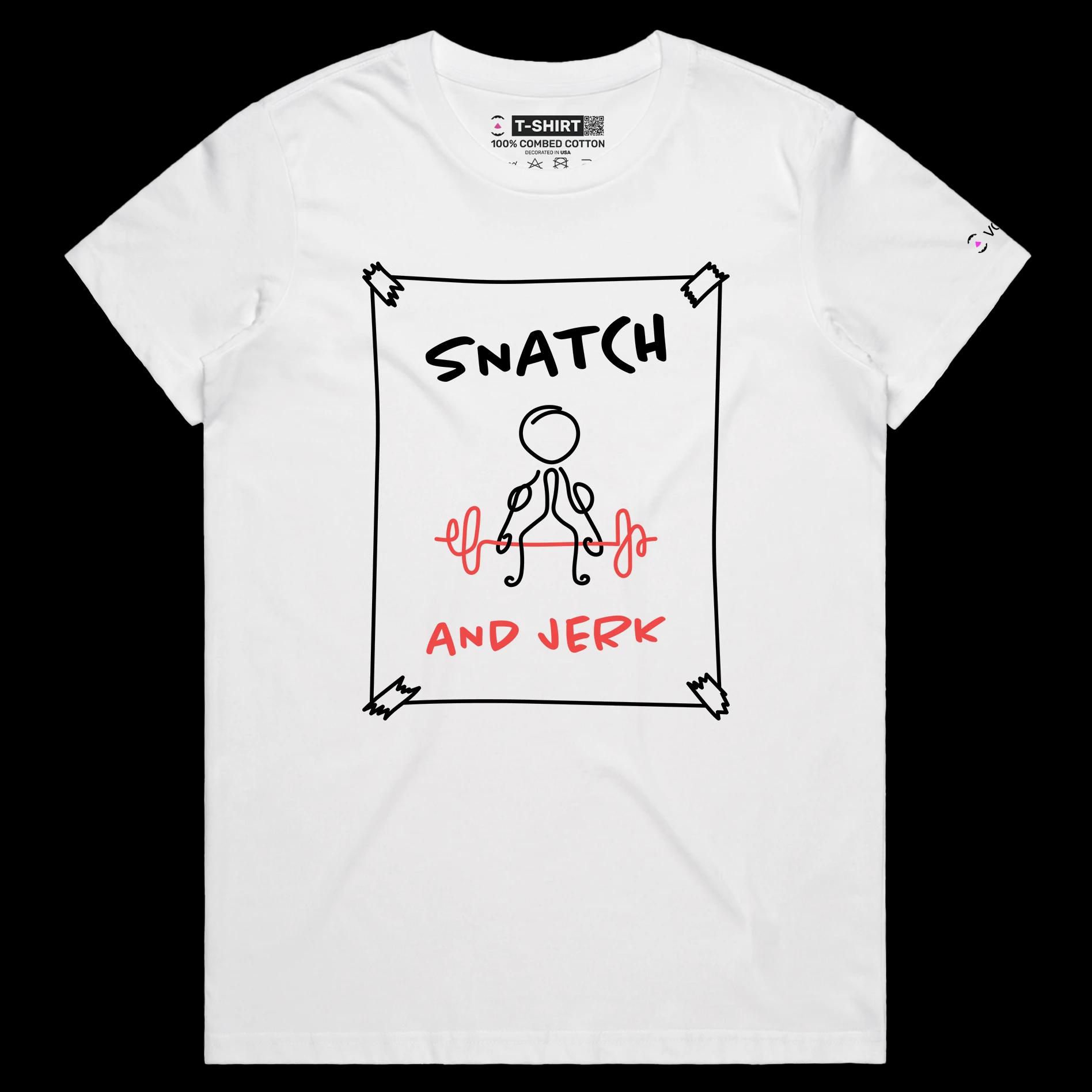 VOICEART White Female Regular Weightlifting Sports T-Shirt Premium Graphic Design Figure Doing Snatch and Jerk Wordplay Tee