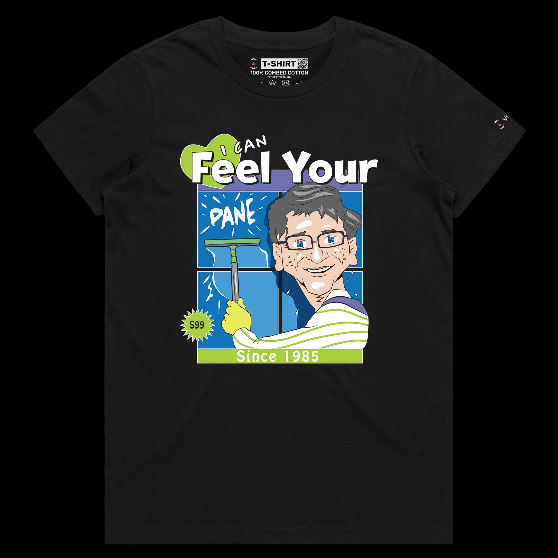 VOICEART Black Female Regular Bill Gates Cleaning the Window Funny T-Shirt with Premium Graphic Design Windows 11 Tee