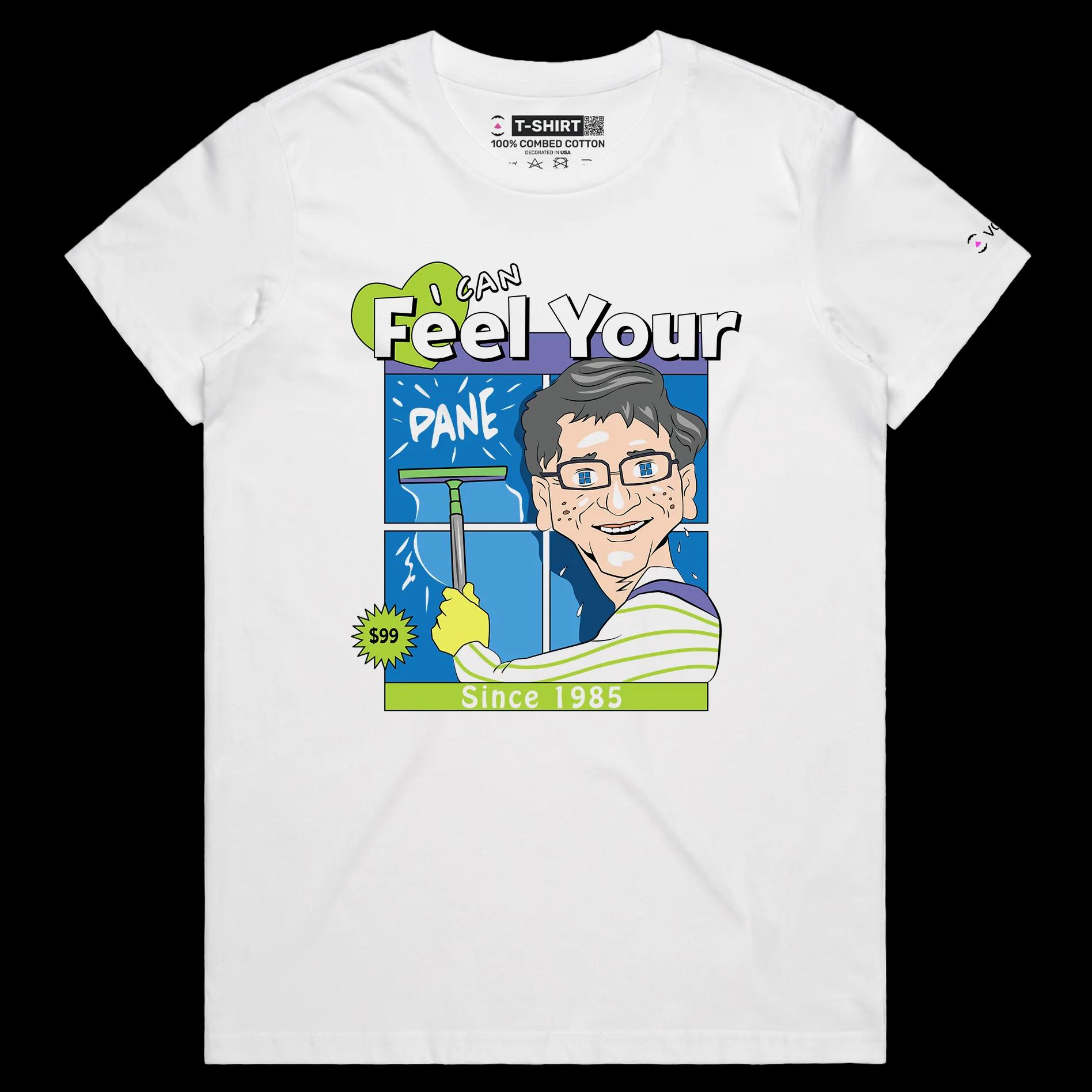 VOICEART White Female Regular Bill Gates Cleaning the Window Funny T-Shirt with Premium Graphic Design Windows 11 Tee