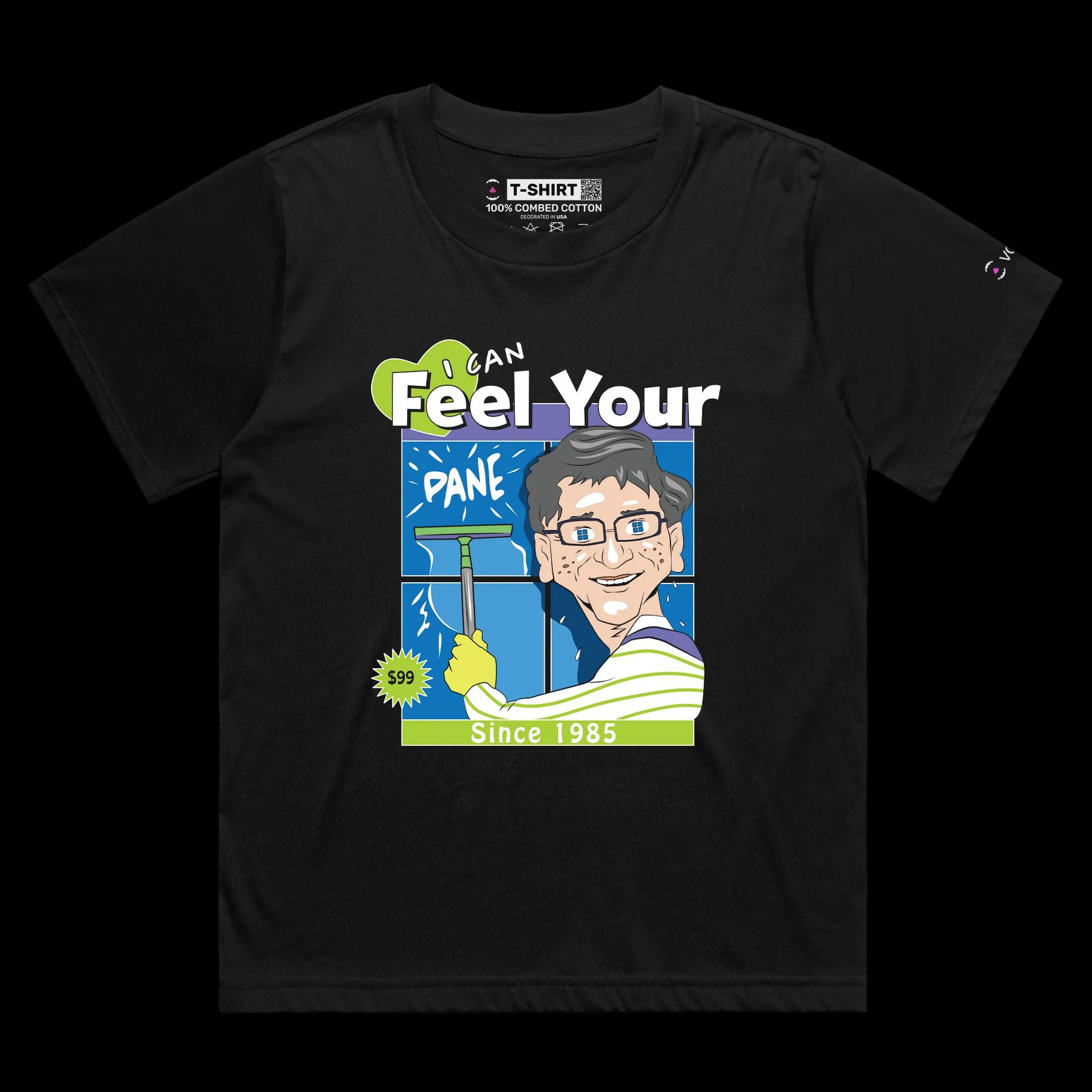 VOICEART Black Female Loose Bill Gates Cleaning the Window Funny T-Shirt with Premium Graphic Design Windows 11 Tee
