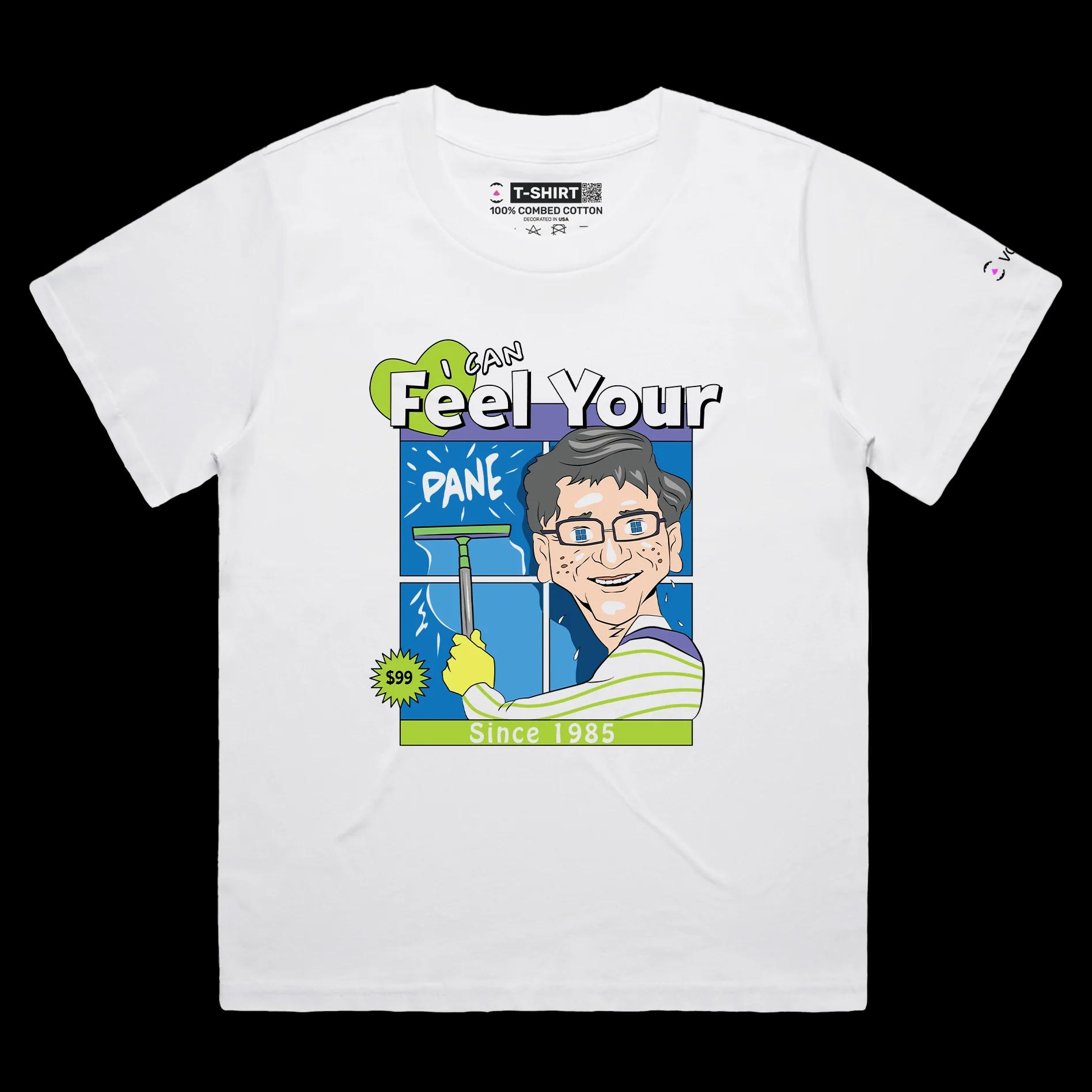 VOICEART White Female Loose Bill Gates Cleaning the Window Funny T-Shirt with Premium Graphic Design Windows 11 Tee