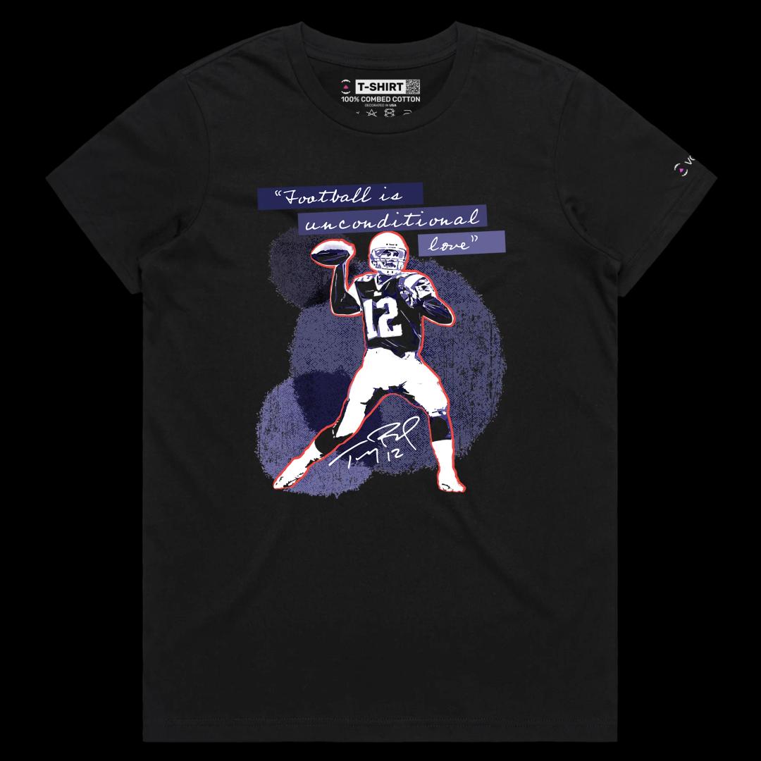 VOICEART Black Female Regular Brady The GOAT Sports shirt Premium Graphic QB 12 New England Superstar Tee for Football Fans
