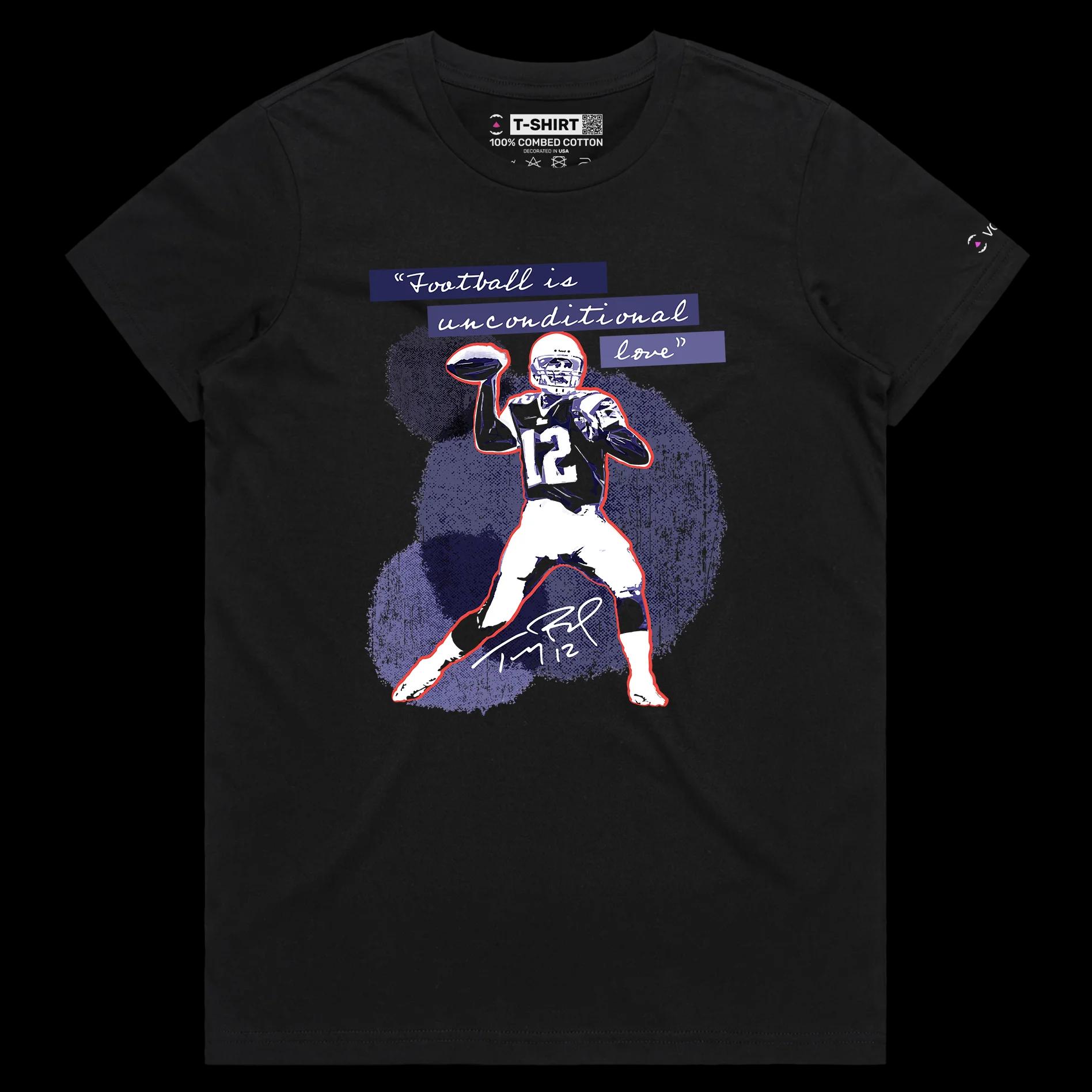 VOICEART Black Female Regular Brady The GOAT Sports shirt Premium Graphic QB 12 New England Superstar Tee for Football Fans