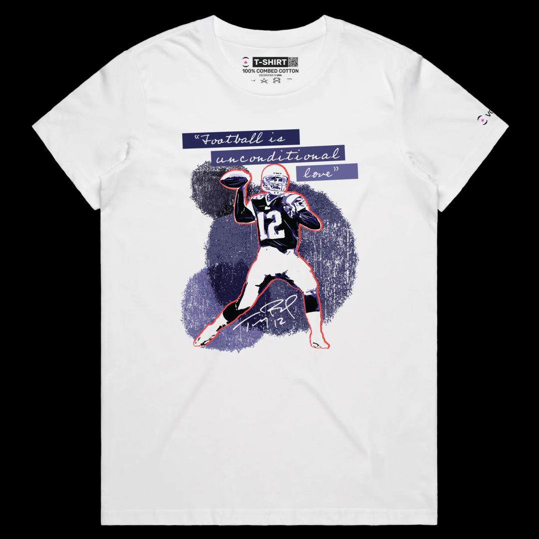 VOICEART White Female Regular Brady The GOAT Sports shirt Premium Graphic QB 12 New England Superstar Tee for Football Fans