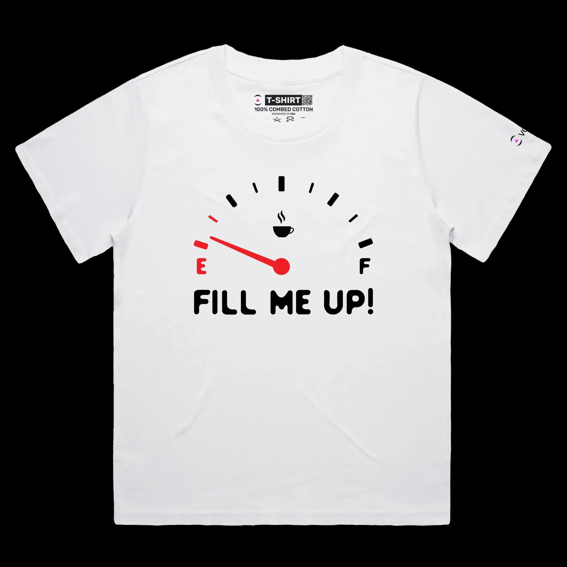 VOICEART White Female Loose Coffee Gas Station Funny T-Shirt with Premium Quality Graphic Caffeine Beverage Themed Tee
