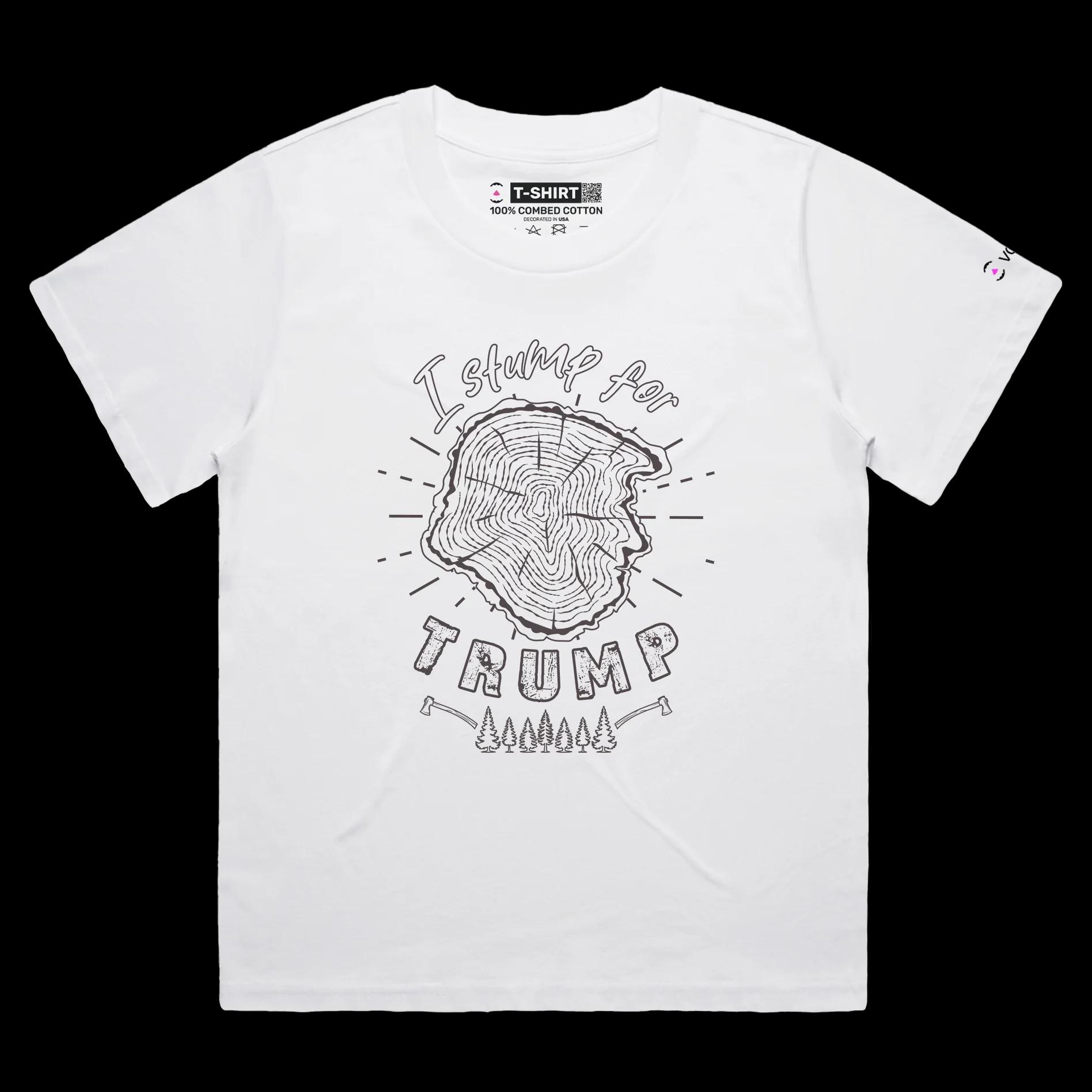 VOICEART White Female Loose President Trump Funny Political tshirt Premium Graphic Tree Stump for Trump Wordplay Tee
