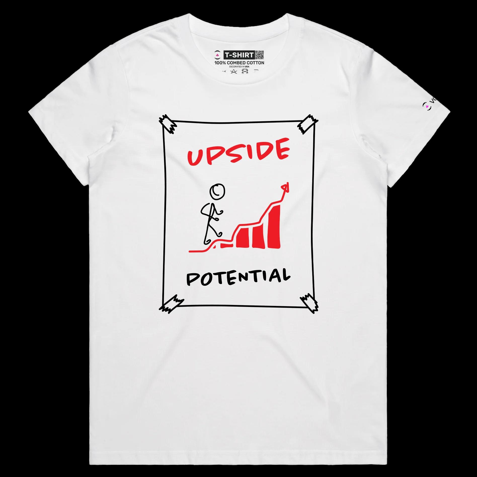 VOICEART White Female Regular Upside Potential Motivational T-shirt Premium Graphic Figure Climbing Up the Chart Optimism Tee