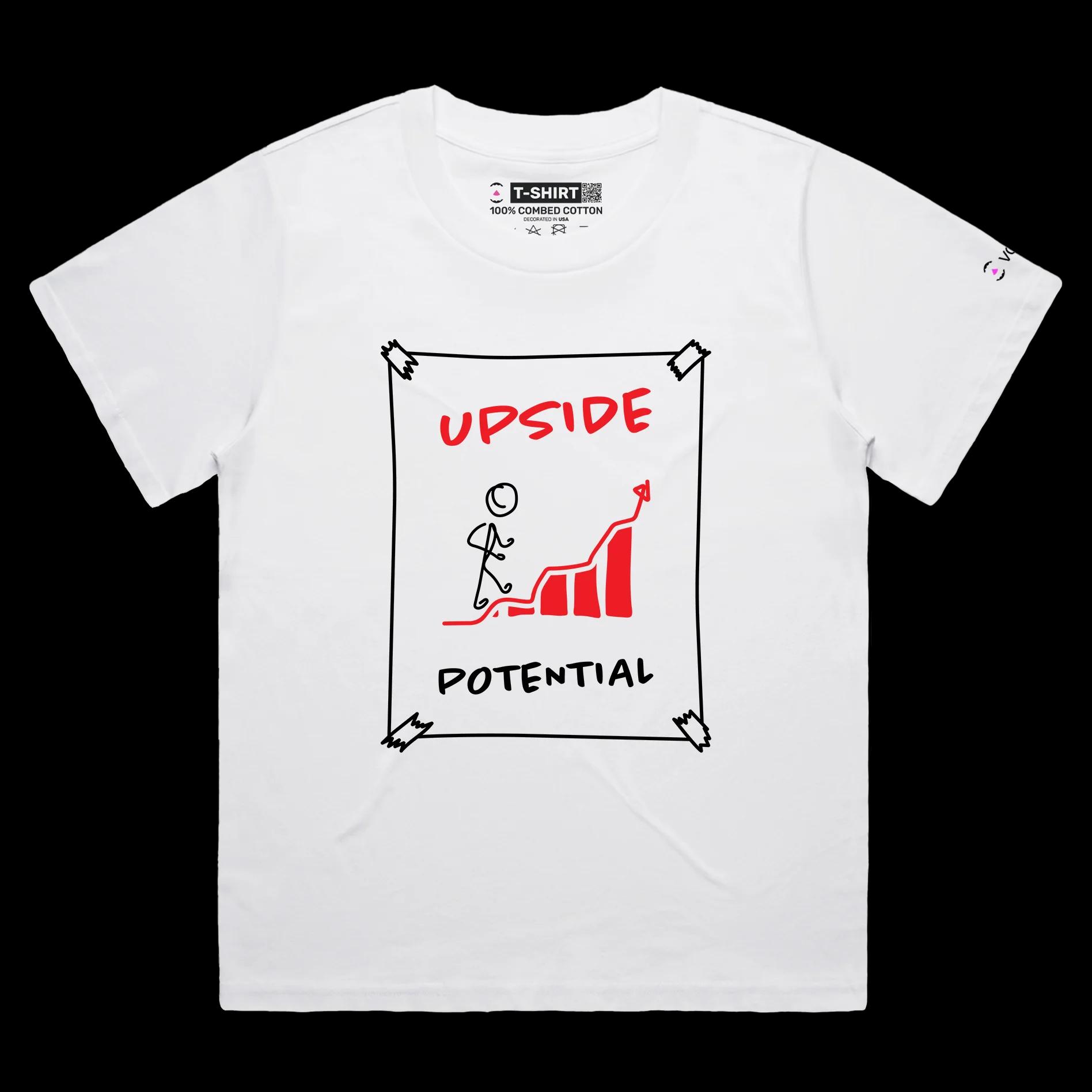VOICEART White Female Loose Upside Potential Motivational T-shirt Premium Graphic Figure Climbing Up the Chart Optimism Tee