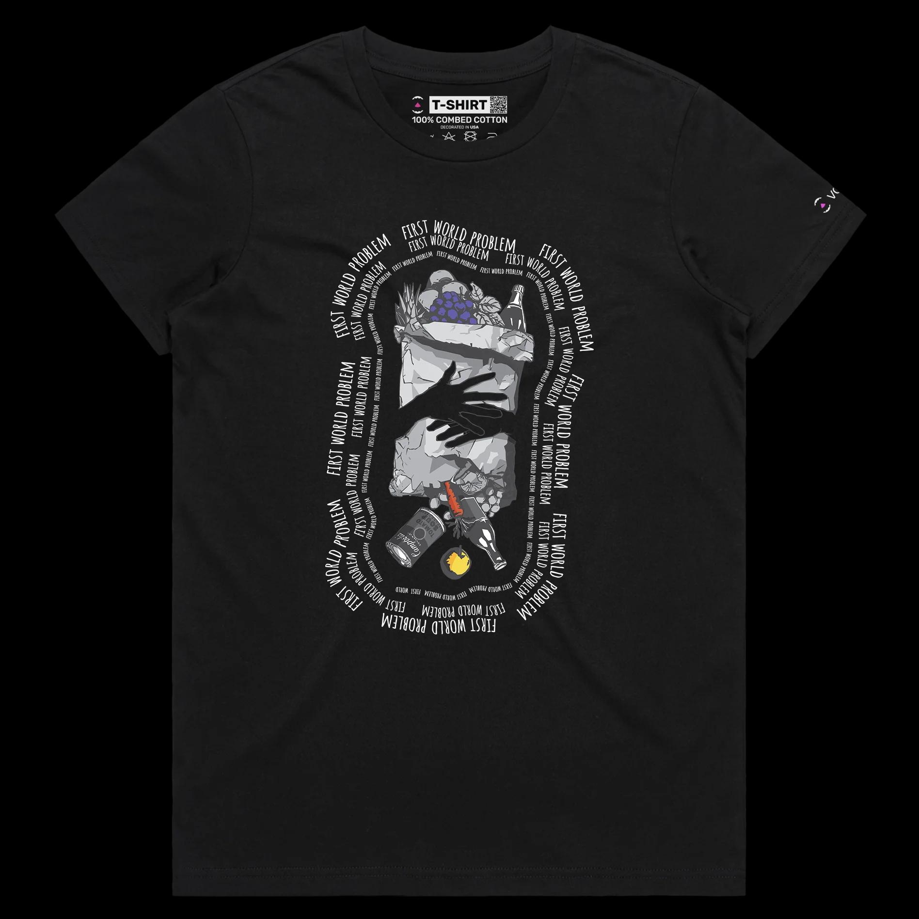 VOICEART Black Female Regular Spilled Groceries Food tshirt Premium Graphic Serious Social Issues First World Problems