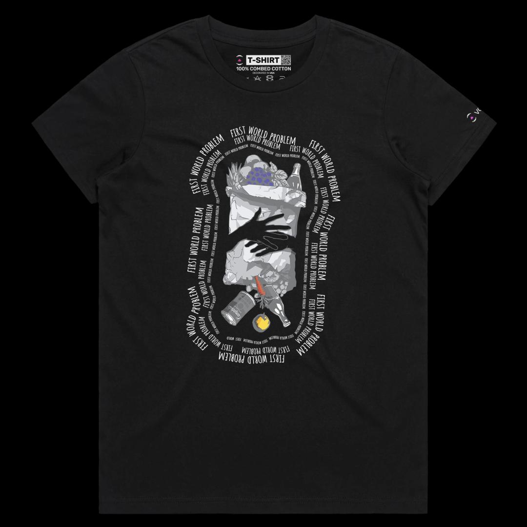 VOICEART Black Female Regular Spilled Groceries Food tshirt Premium Graphic Serious Social Issues First World Problems