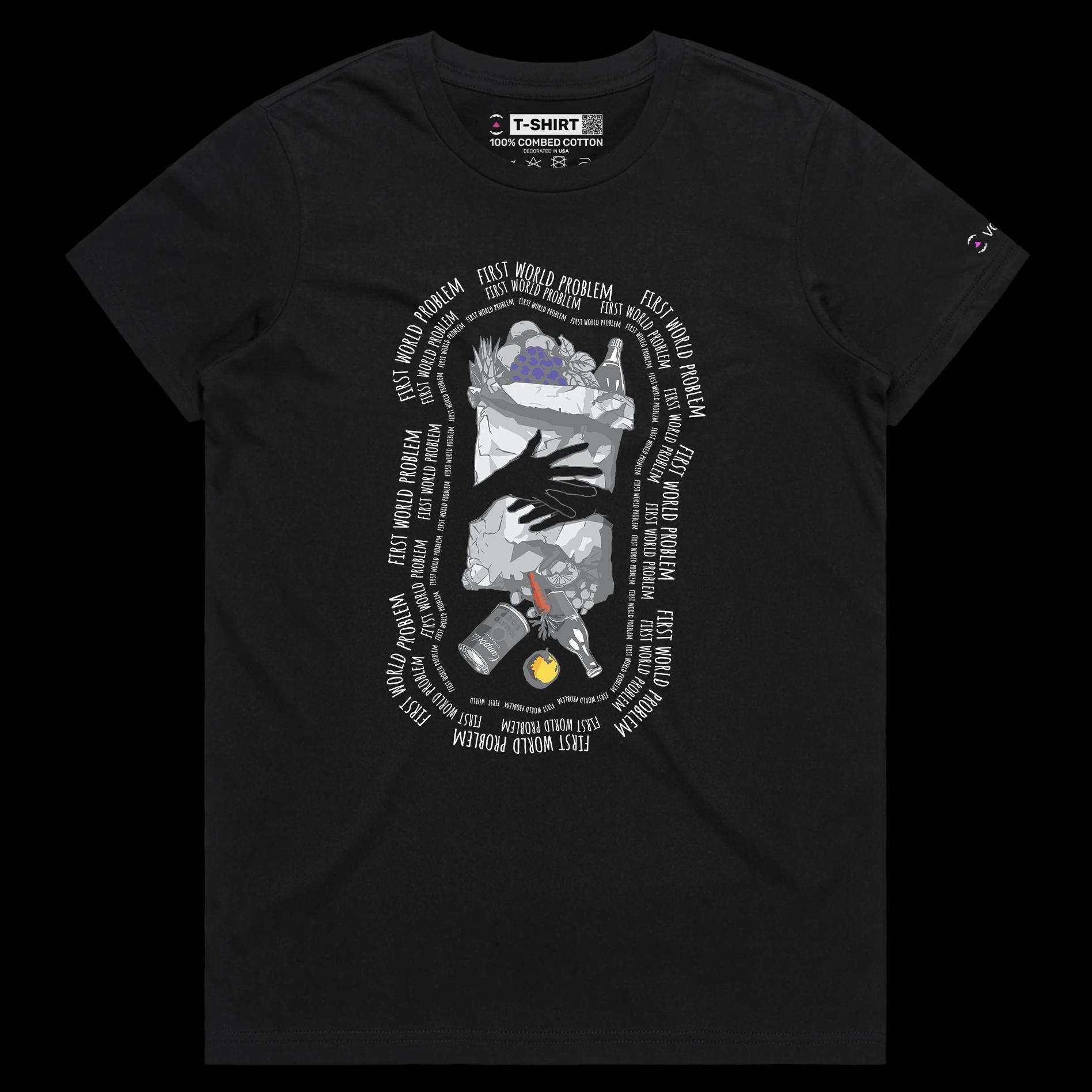 VOICEART Black Female Regular Spilled Groceries Food tshirt Premium Graphic Serious Social Issues First World Problems