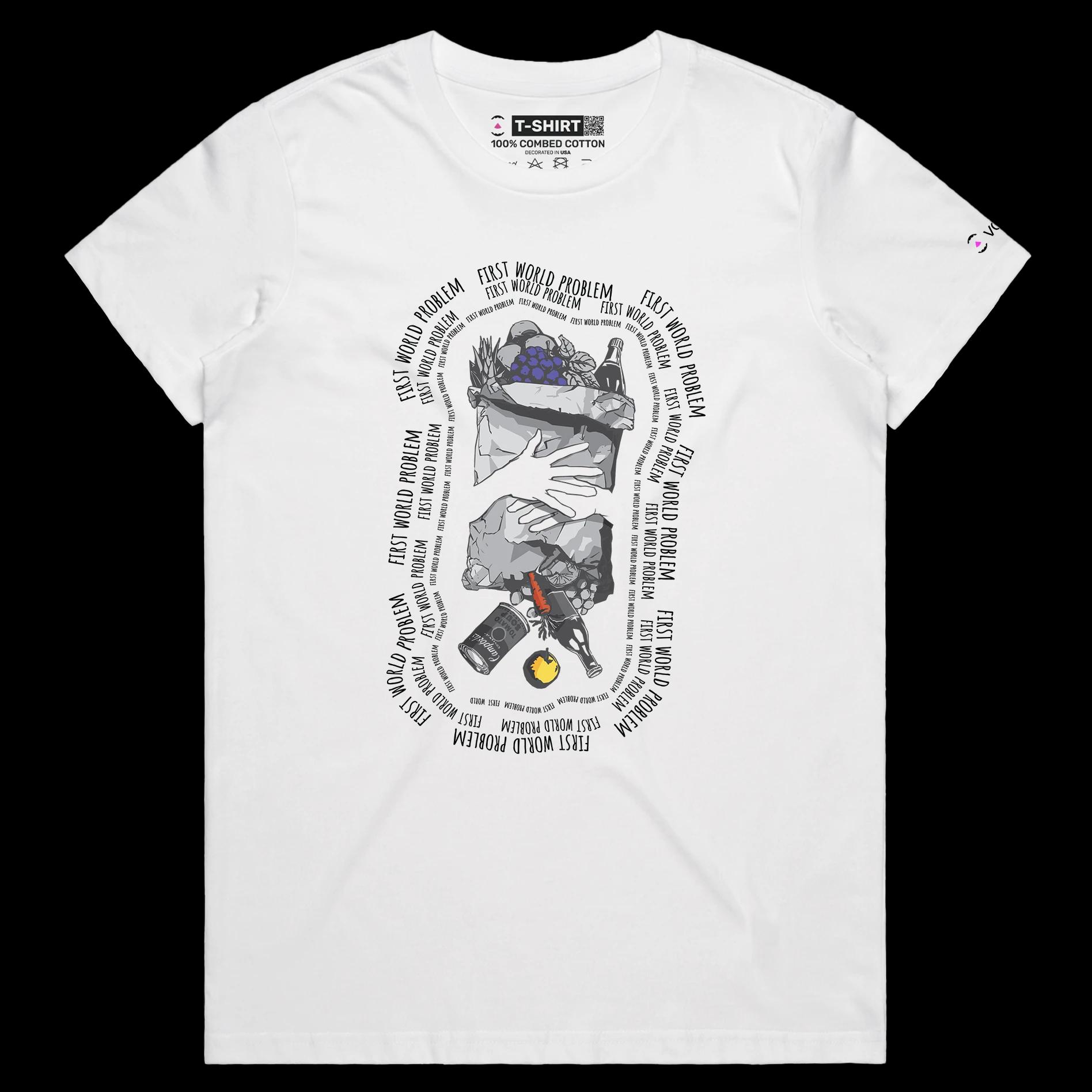 VOICEART White Female Regular Spilled Groceries Food tshirt Premium Graphic Serious Social Issues First World Problems