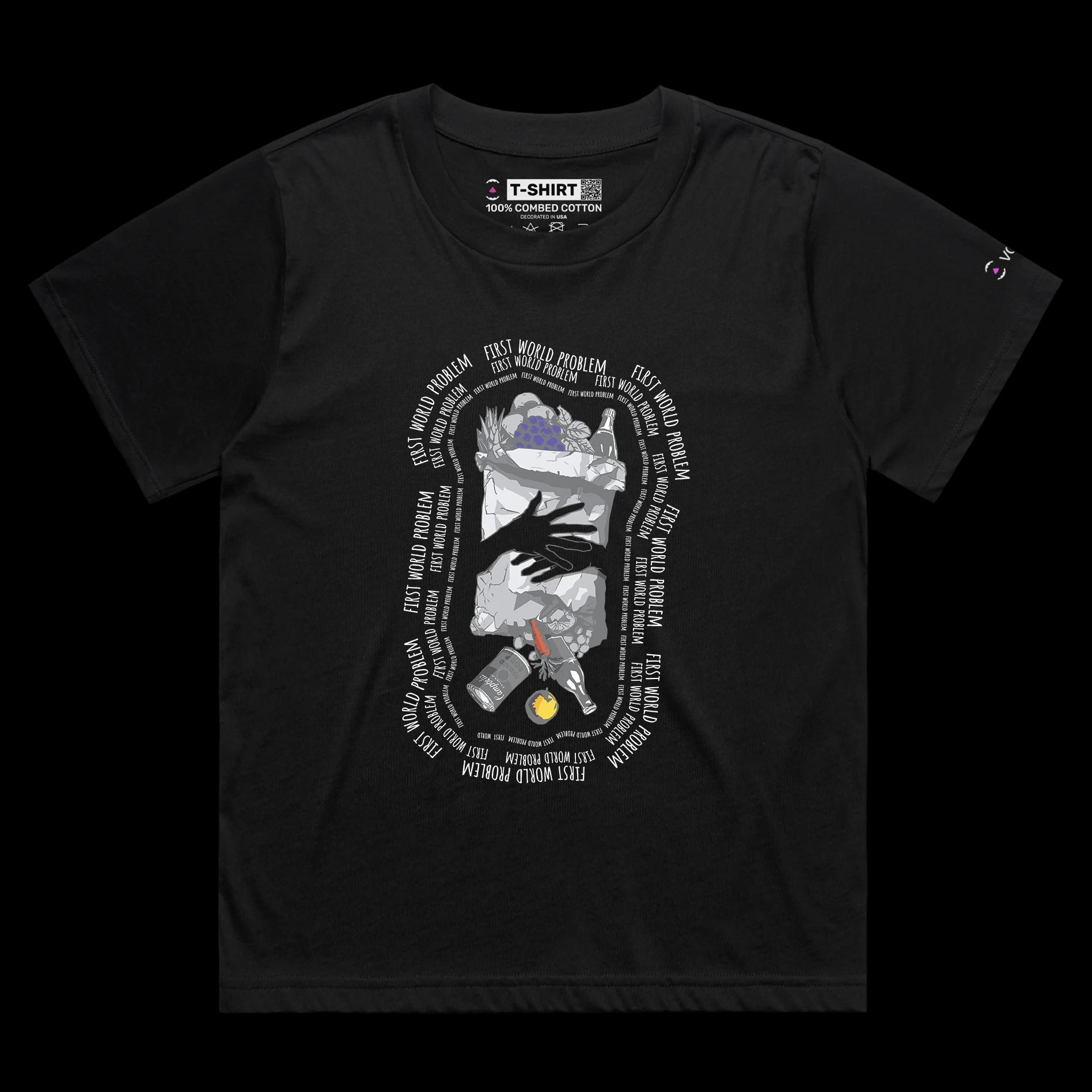 VOICEART Black Female Loose Spilled Groceries Food tshirt Premium Graphic Serious Social Issues First World Problems