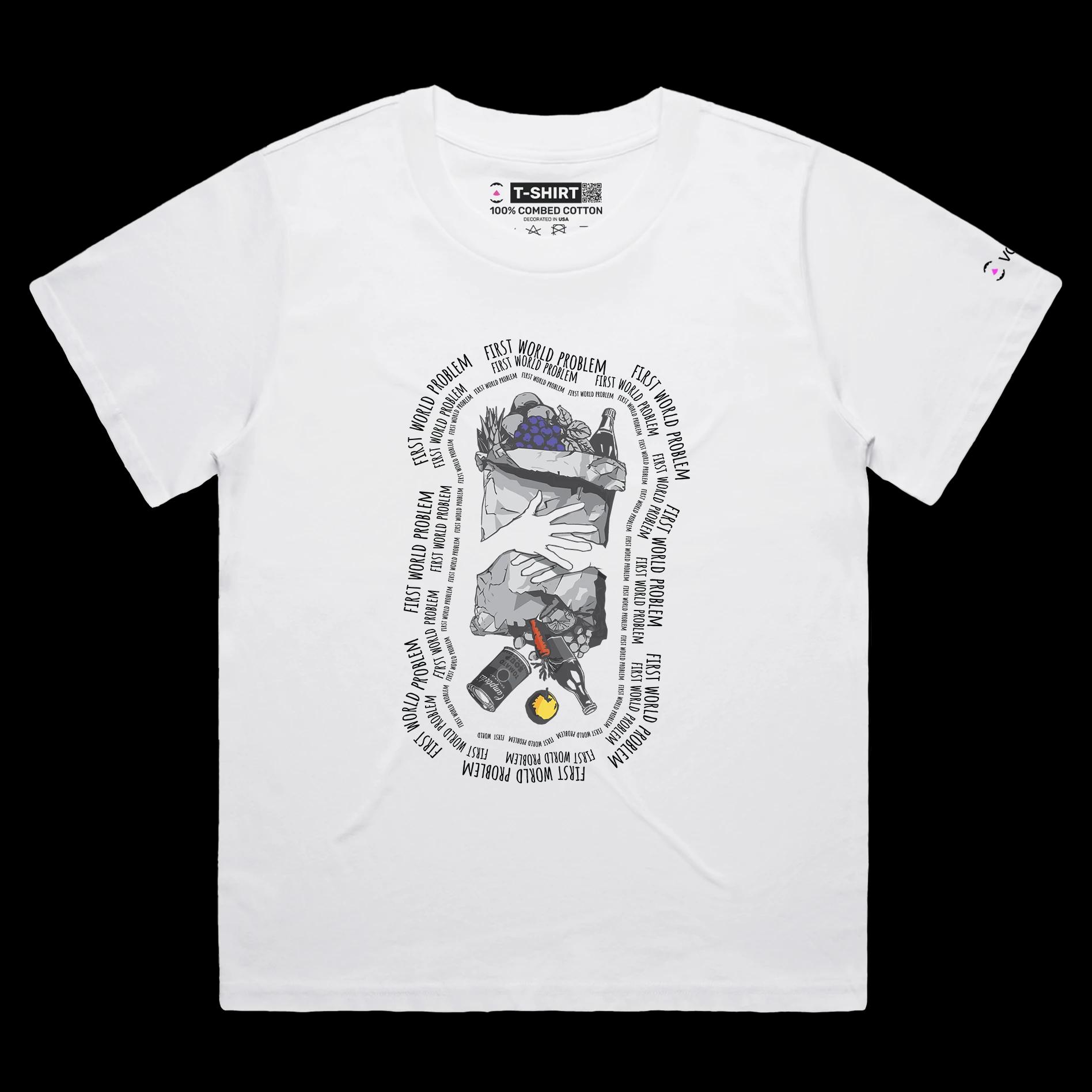 VOICEART White Female Loose Spilled Groceries Food tshirt Premium Graphic Serious Social Issues First World Problems