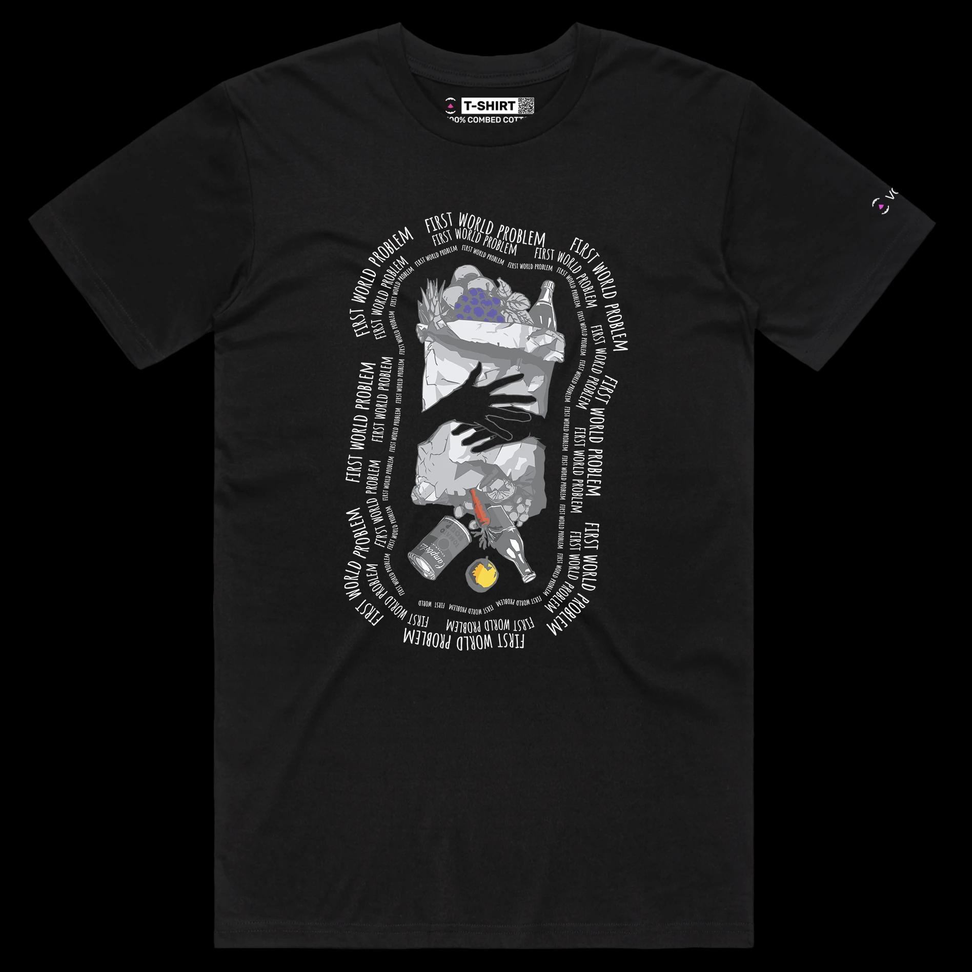 VOICEART Black Male Regular Spilled Groceries Food tshirt Premium Graphic Serious Social Issues First World Problems