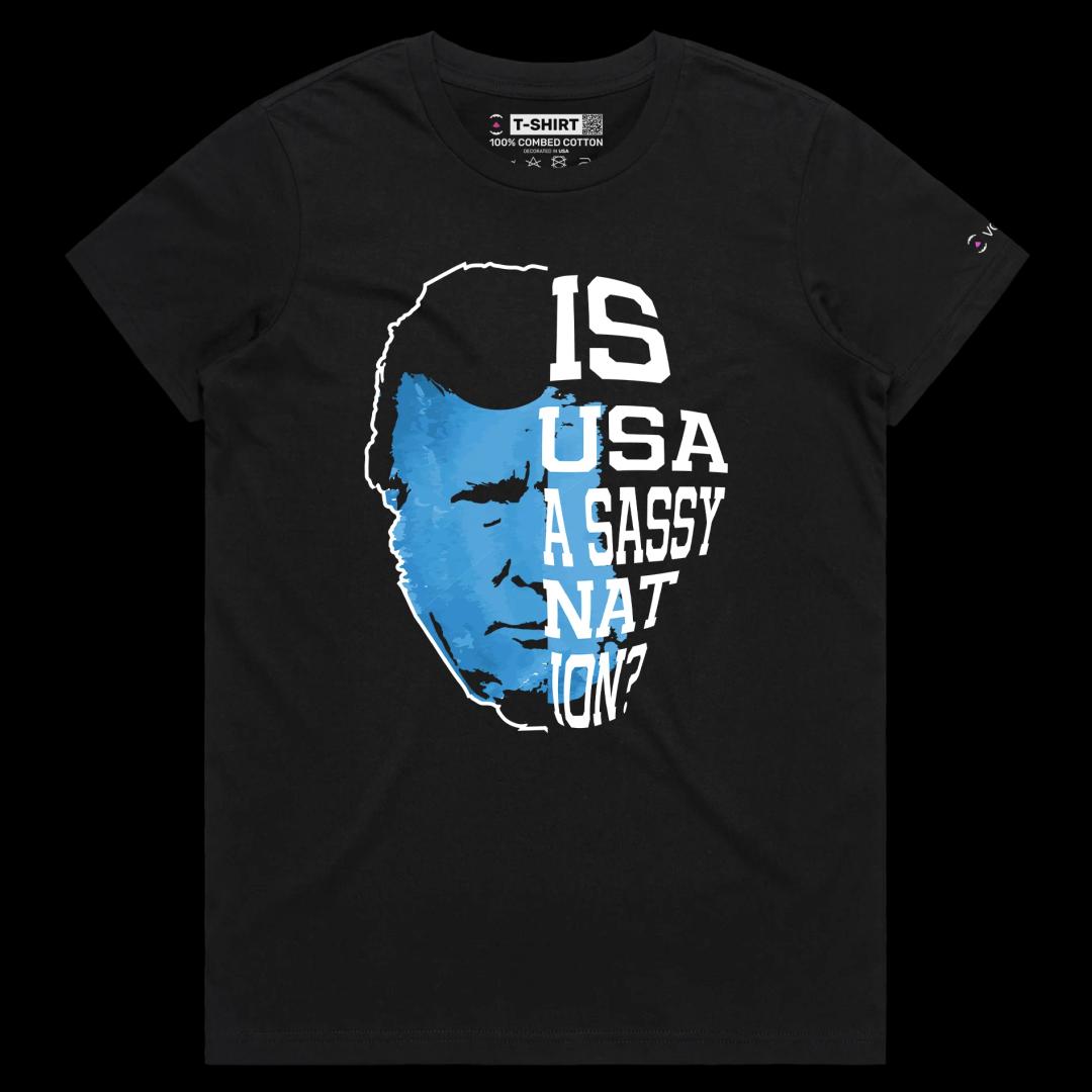 VOICEART Black Female Regular President Trump USA a Sassy Nation Political T-Shirt Premium Patriotic Wordplay Mugshot Tee