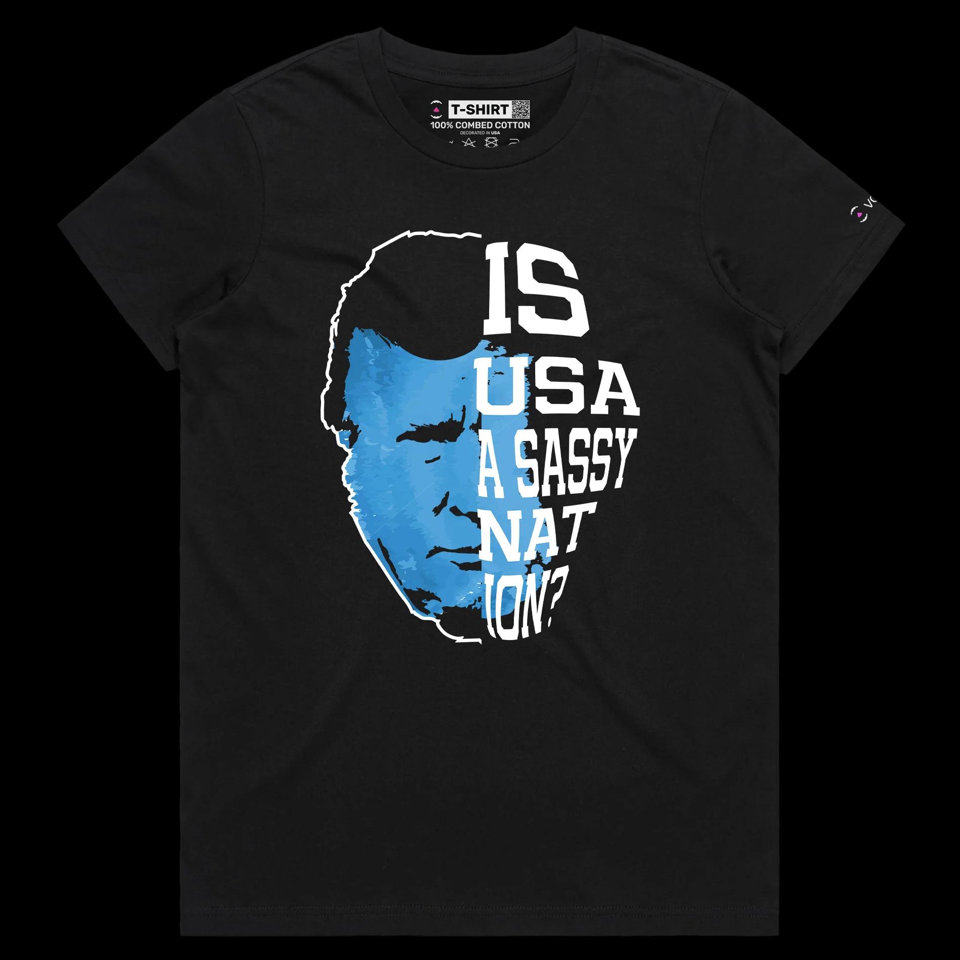 VOICEART Black Female Regular President Trump USA a Sassy Nation Political T-Shirt Premium Patriotic Wordplay Mugshot Tee