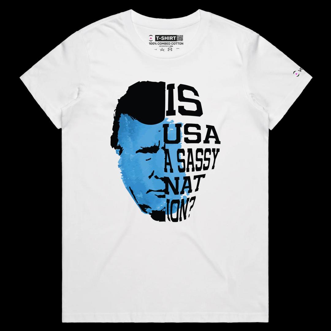 VOICEART White Female Regular President Trump USA a Sassy Nation Political T-Shirt Premium Patriotic Wordplay Mugshot Tee