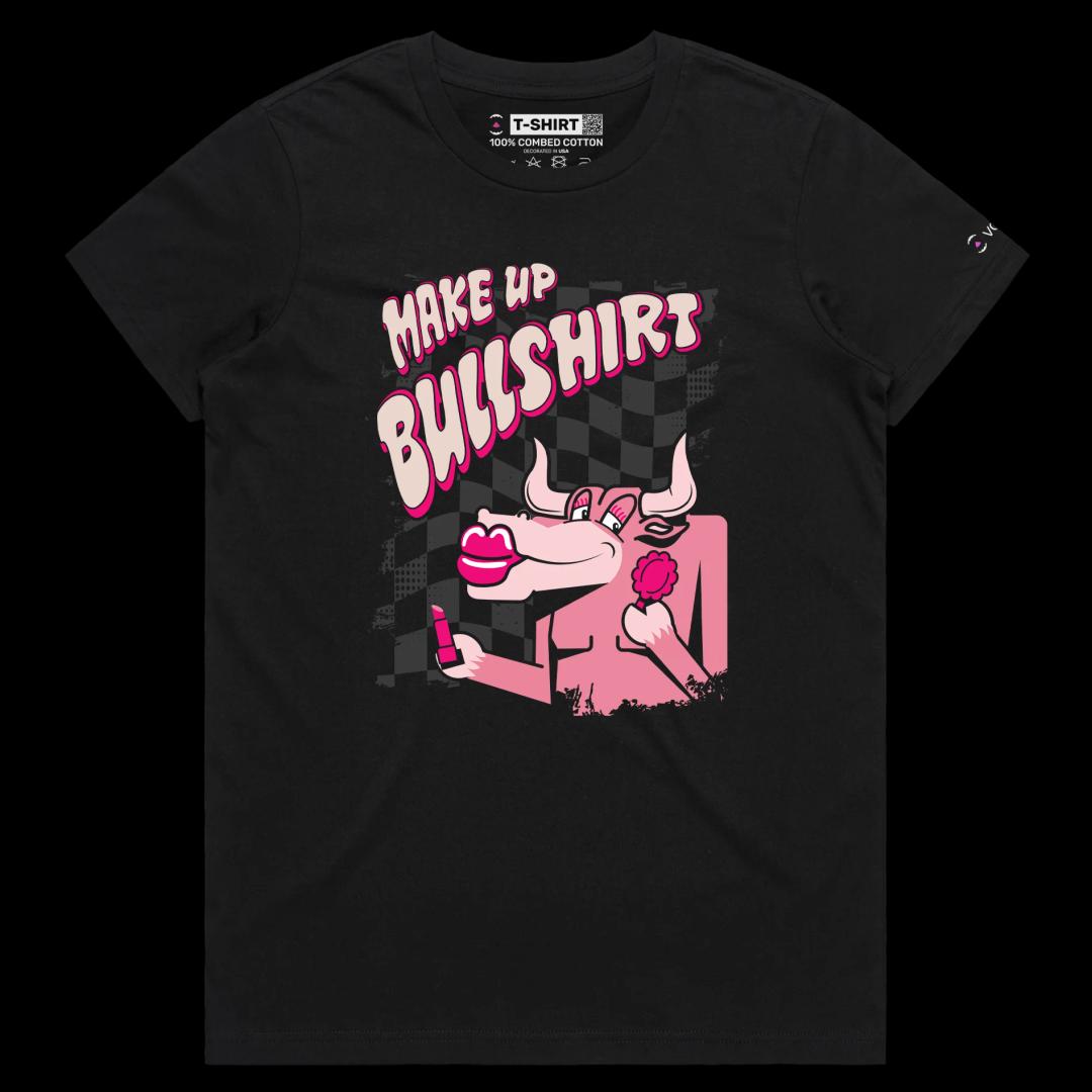 VOICEART Black Female Regular Bull with a Lipstick Funny Animals T-Shirt Premium Graphic Design Beauty Makeup Wordplay Tee