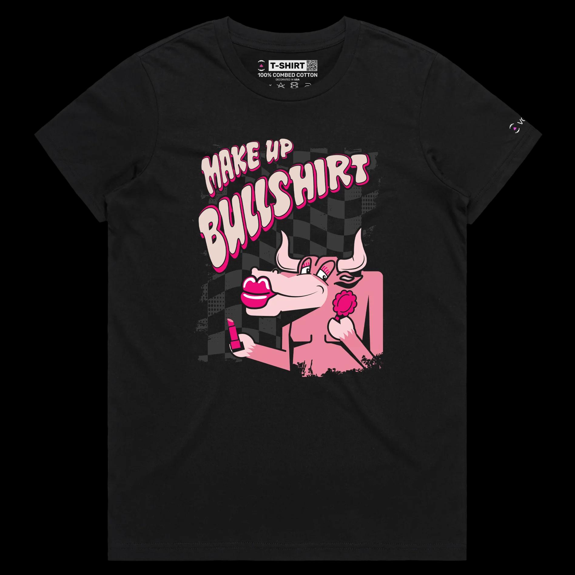 VOICEART Black Female Regular Bull with a Lipstick Funny Animals T-Shirt Premium Graphic Design Beauty Makeup Wordplay Tee