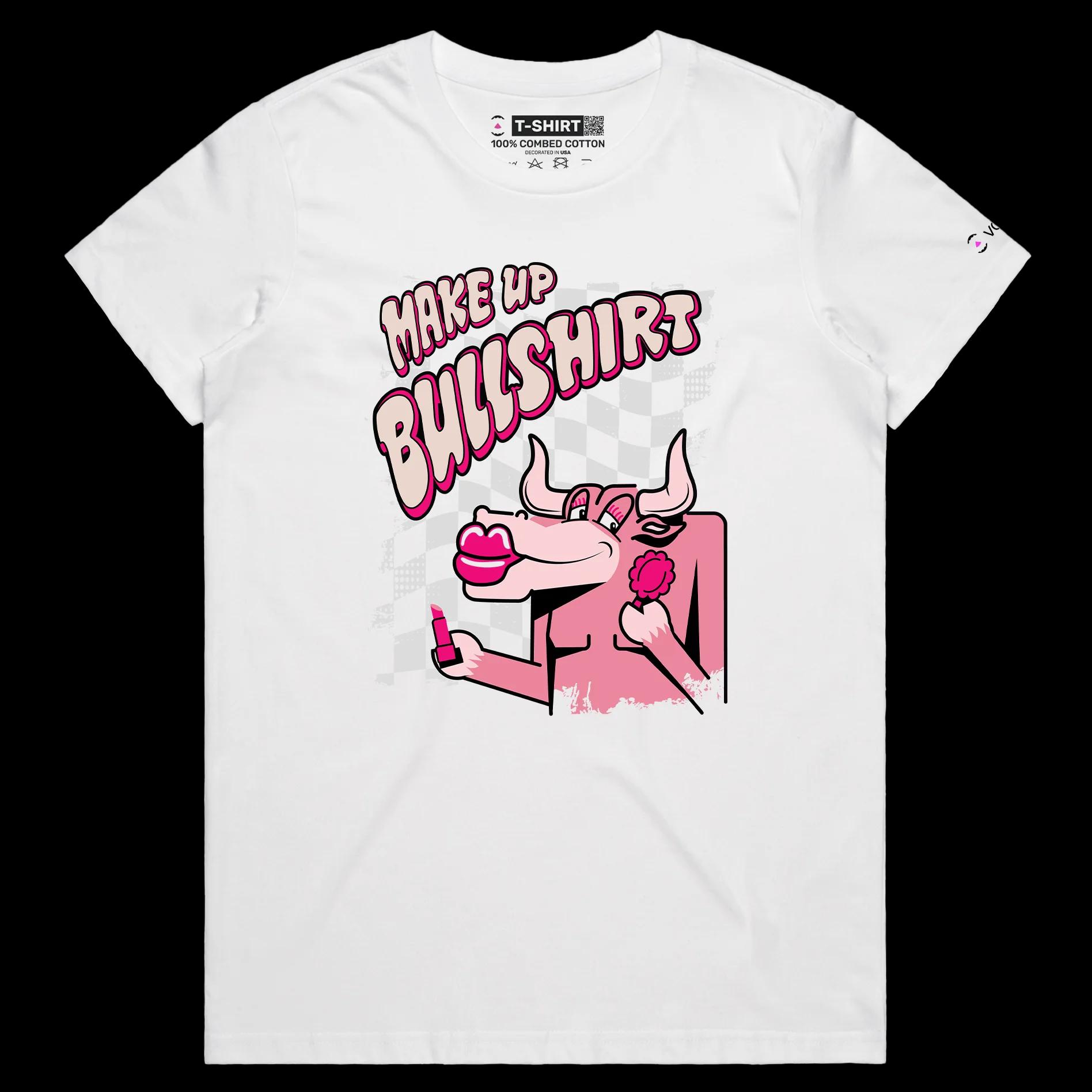 VOICEART White Female Regular Bull with a Lipstick Funny Animals T-Shirt Premium Graphic Design Beauty Makeup Wordplay Tee