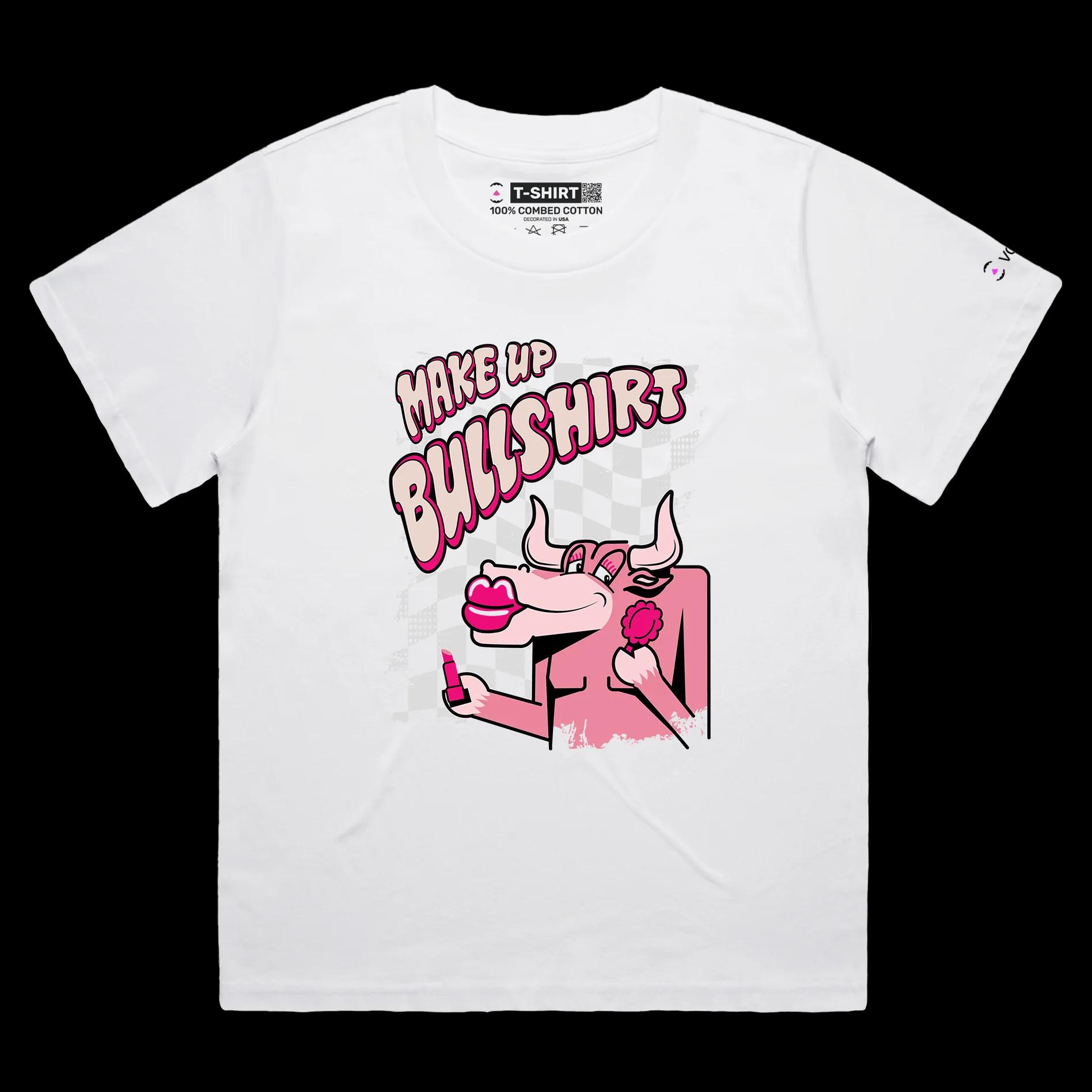 VOICEART White Female Loose Bull with a Lipstick Funny Animals T-Shirt Premium Graphic Design Beauty Makeup Wordplay Tee