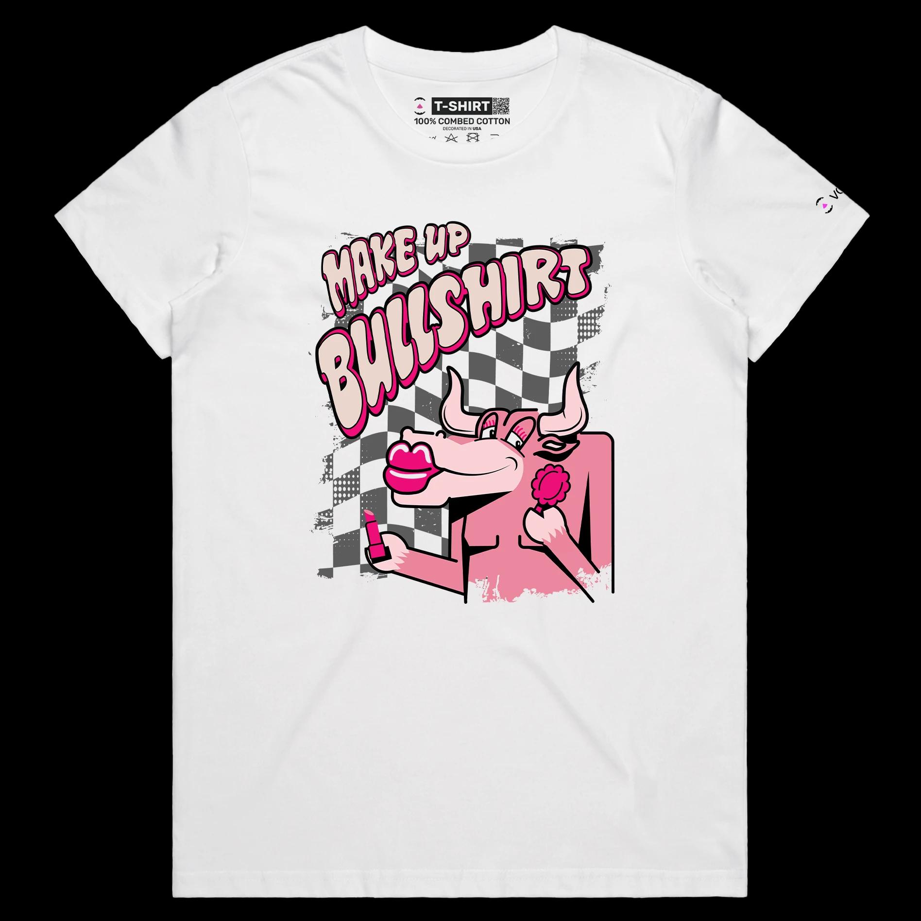 VOICEART White Female Regular Bull with a Lipstick Funny Animals T-Shirt Premium Graphic Design Beauty Makeup Wordplay Tee