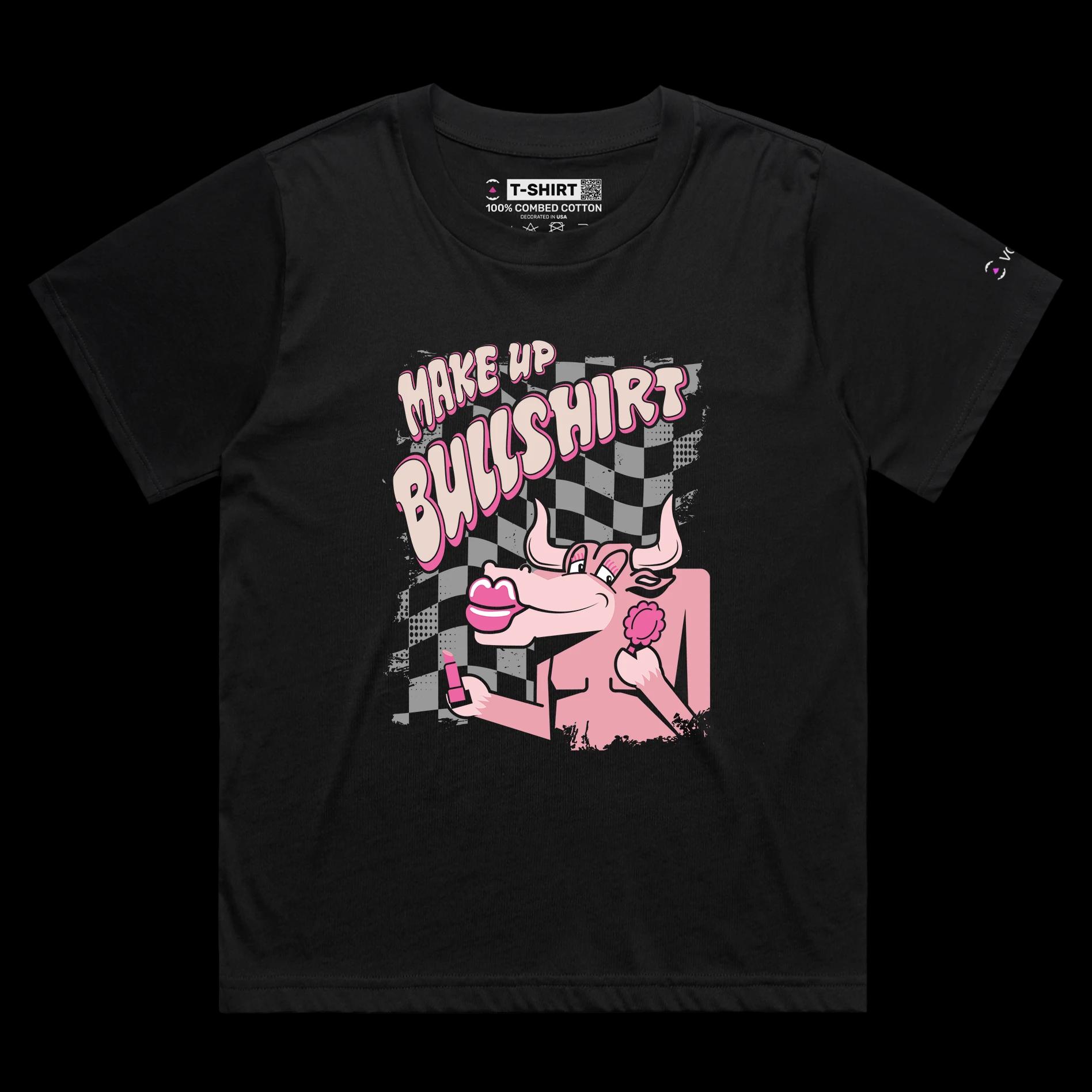 VOICEART Black Female Loose Bull with a Lipstick Funny Animals T-Shirt Premium Graphic Design Beauty Makeup Wordplay Tee