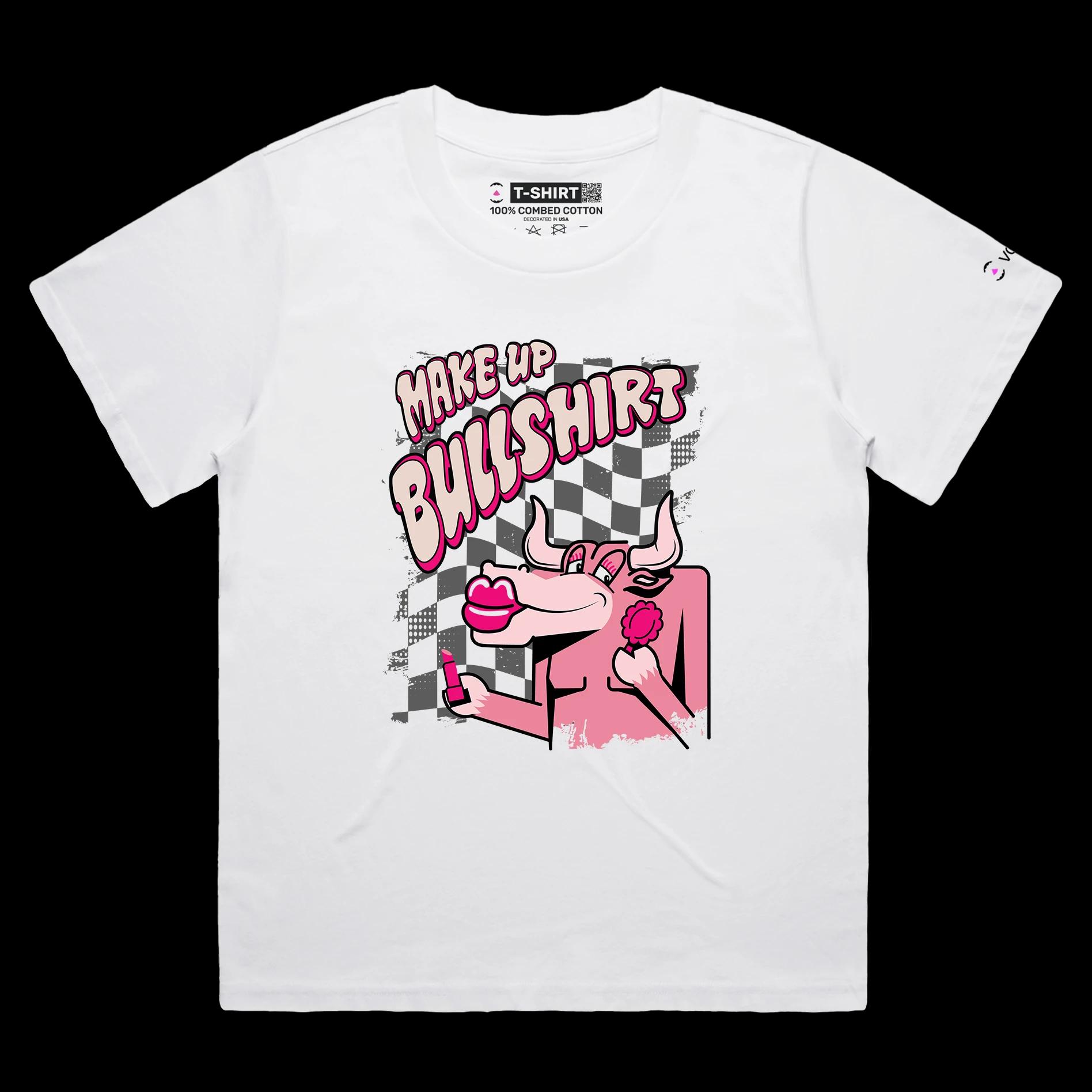 VOICEART White Female Loose Bull with a Lipstick Funny Animals T-Shirt Premium Graphic Design Beauty Makeup Wordplay Tee