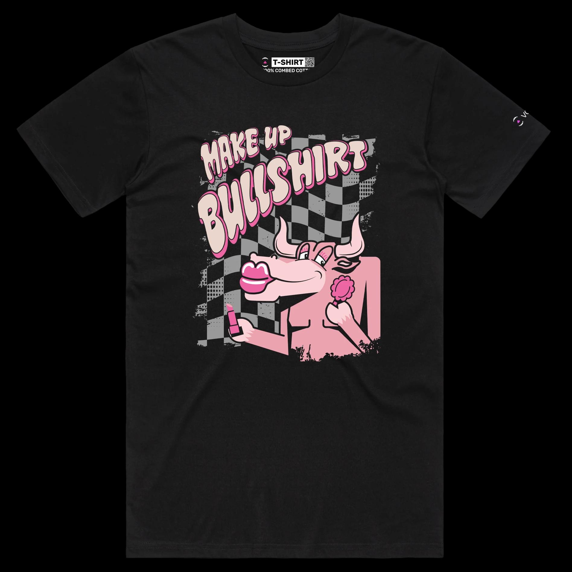 VOICEART Black Male Regular Bull with a Lipstick Funny Animals T-Shirt Premium Graphic Design Beauty Makeup Wordplay Tee