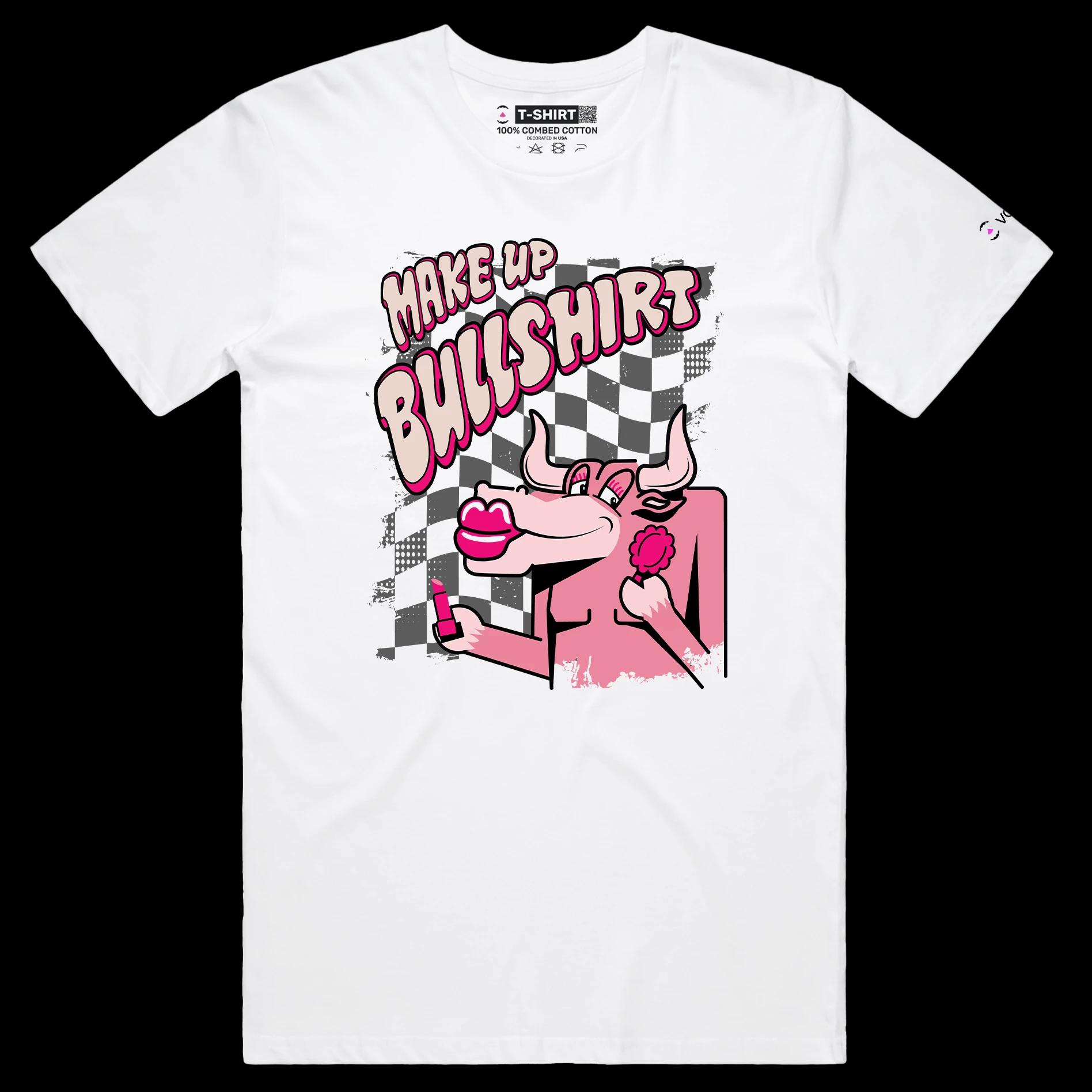 VOICEART White Male Regular Bull with a Lipstick Funny Animals T-Shirt Premium Graphic Design Beauty Makeup Wordplay Tee