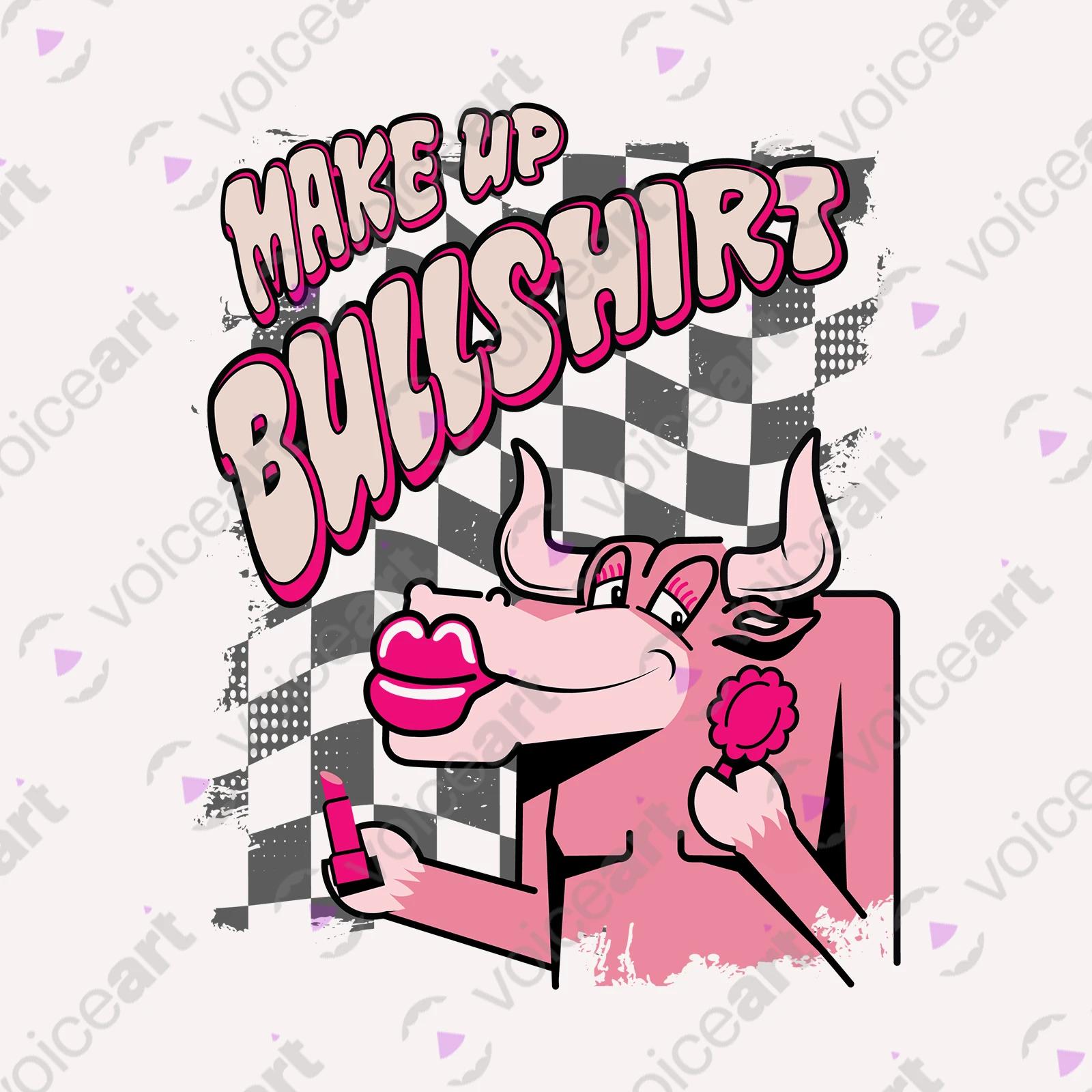 VOICEART White Watermark Bull with a Lipstick Funny Animals T-Shirt Premium Graphic Design Beauty Makeup Wordplay Tee