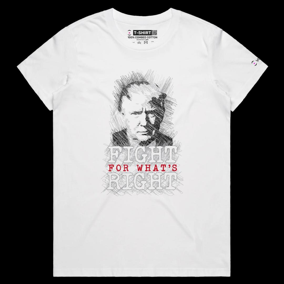 VOICEART White Female Regular President Trump Fight for What's Right Mugshot Political T-Shirt MAGA Presidential Campaign Tee