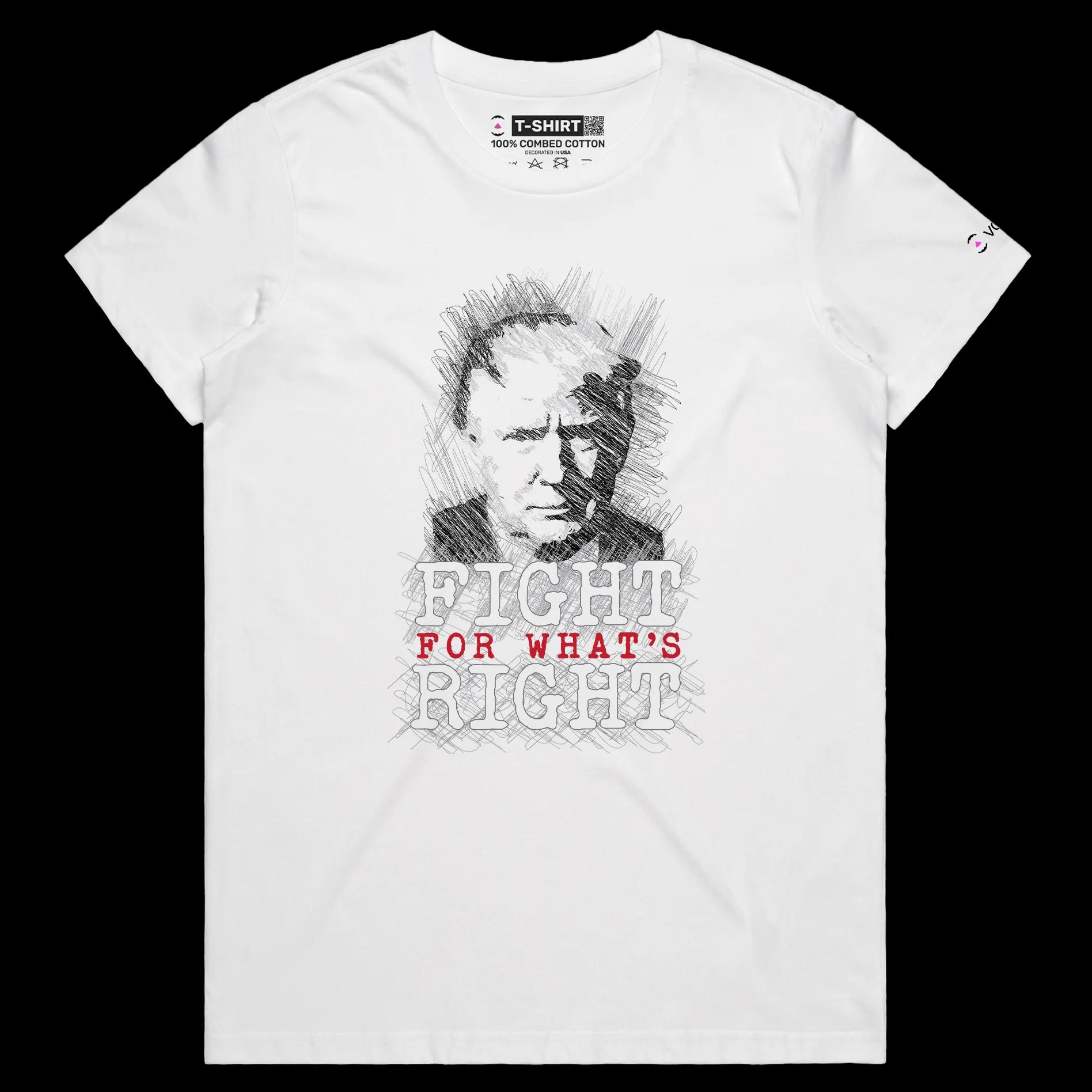 VOICEART White Female Regular President Trump Fight for What's Right Mugshot Political T-Shirt MAGA Presidential Campaign Tee