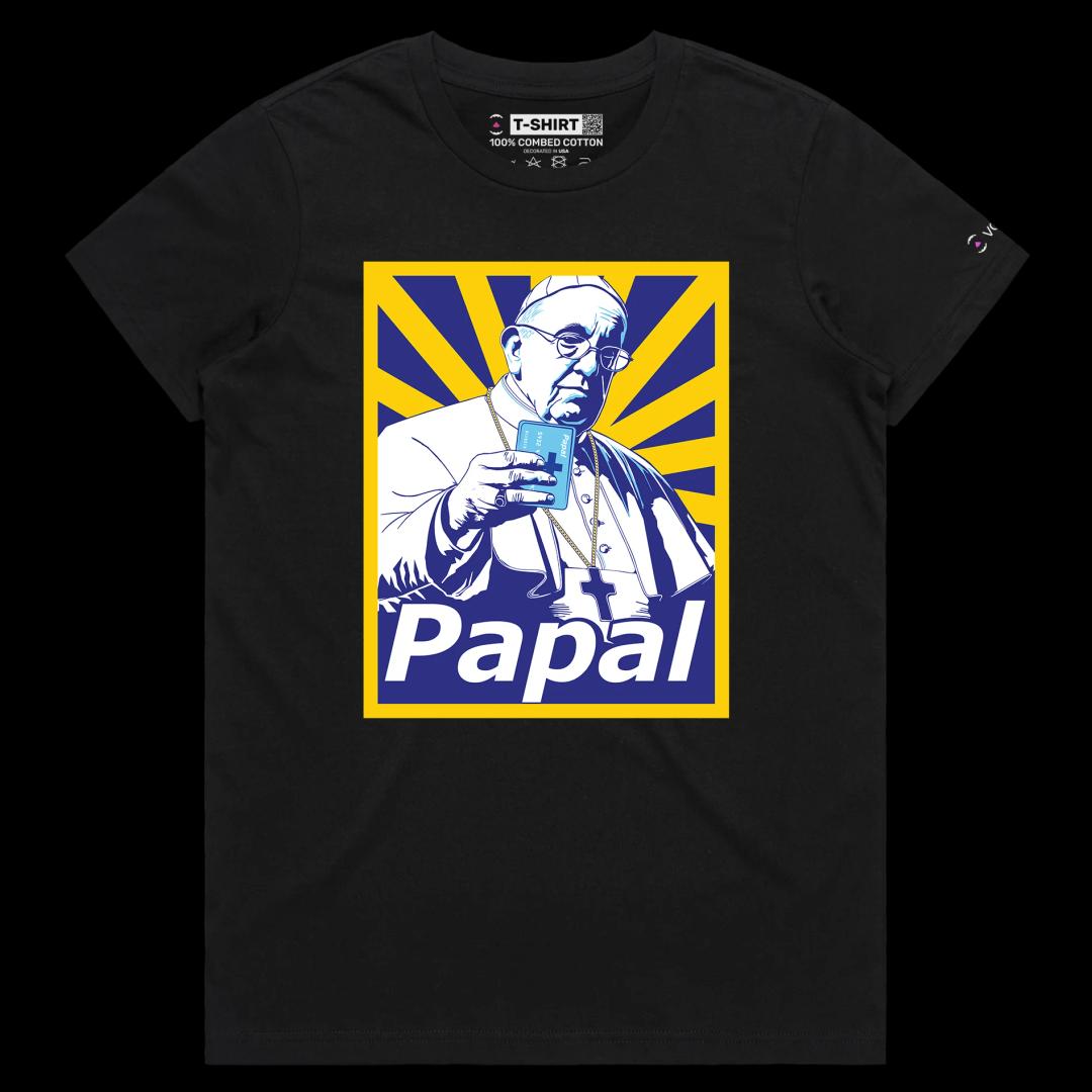 VOICEART Black Female Regular Popes Payment Method Funny TShirt Premium Quality Graphic Religion Themed PaPal Wordplay Tee