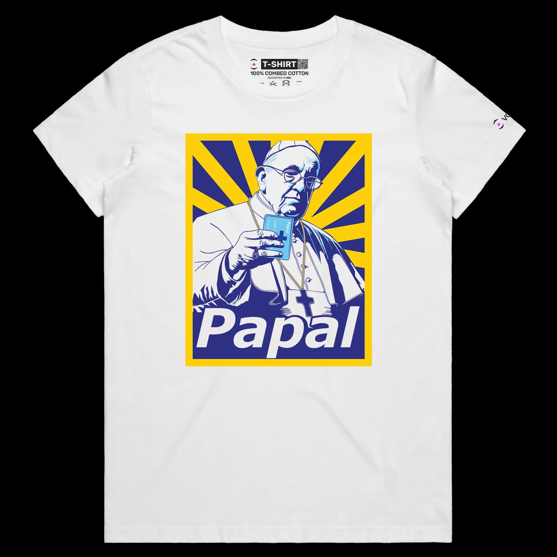 VOICEART White Female Regular Popes Payment Method Funny TShirt Premium Quality Graphic Religion Themed PaPal Wordplay Tee
