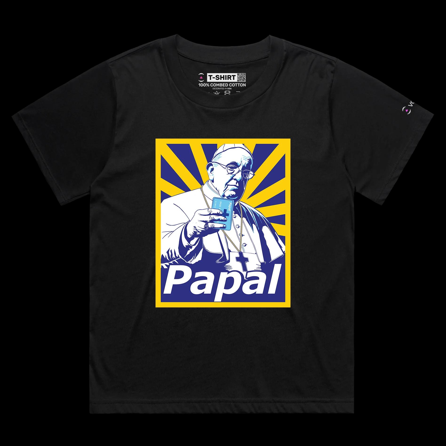 VOICEART Black Female Loose Popes Payment Method Funny TShirt Premium Quality Graphic Religion Themed PaPal Wordplay Tee