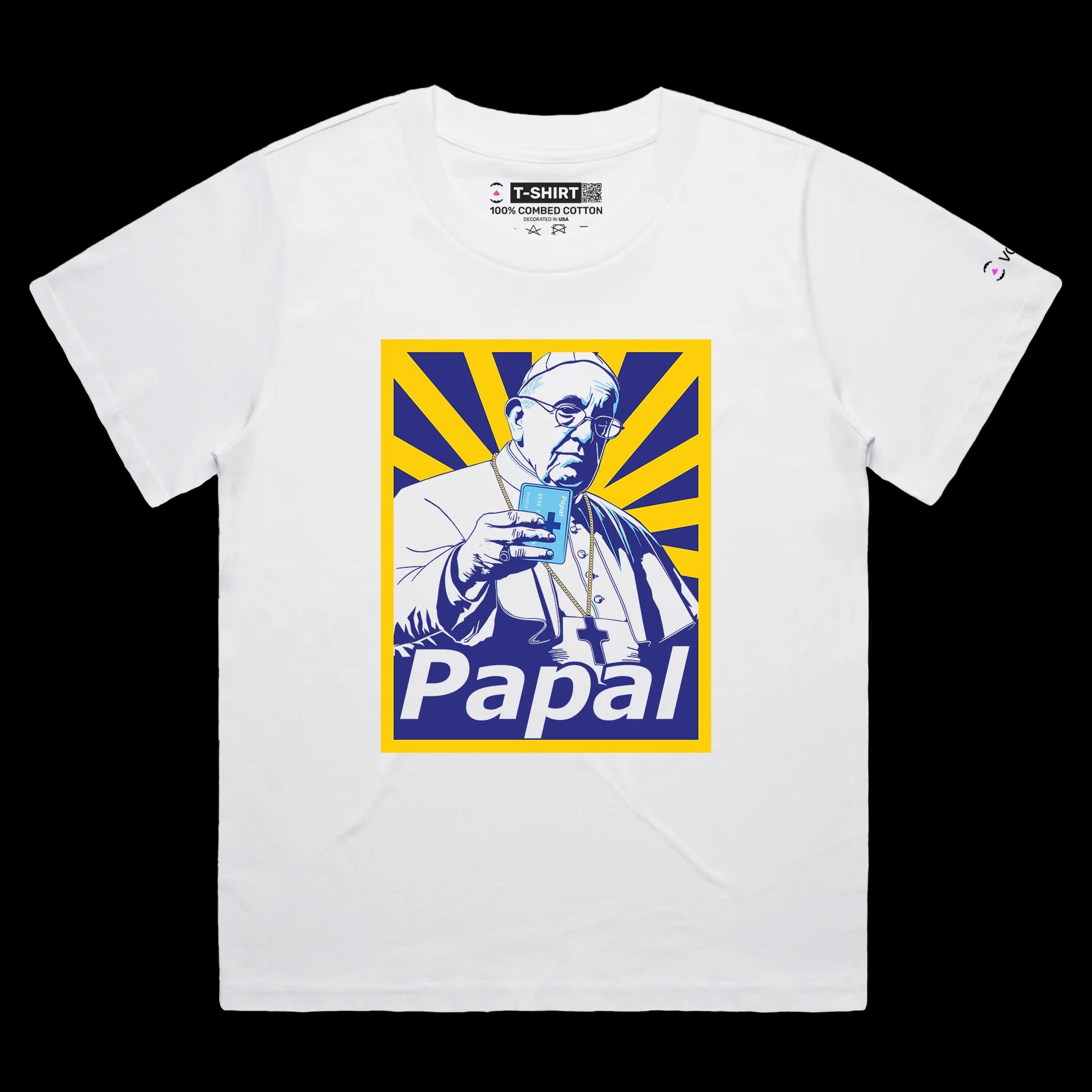 VOICEART White Female Loose Popes Payment Method Funny TShirt Premium Quality Graphic Religion Themed PaPal Wordplay Tee
