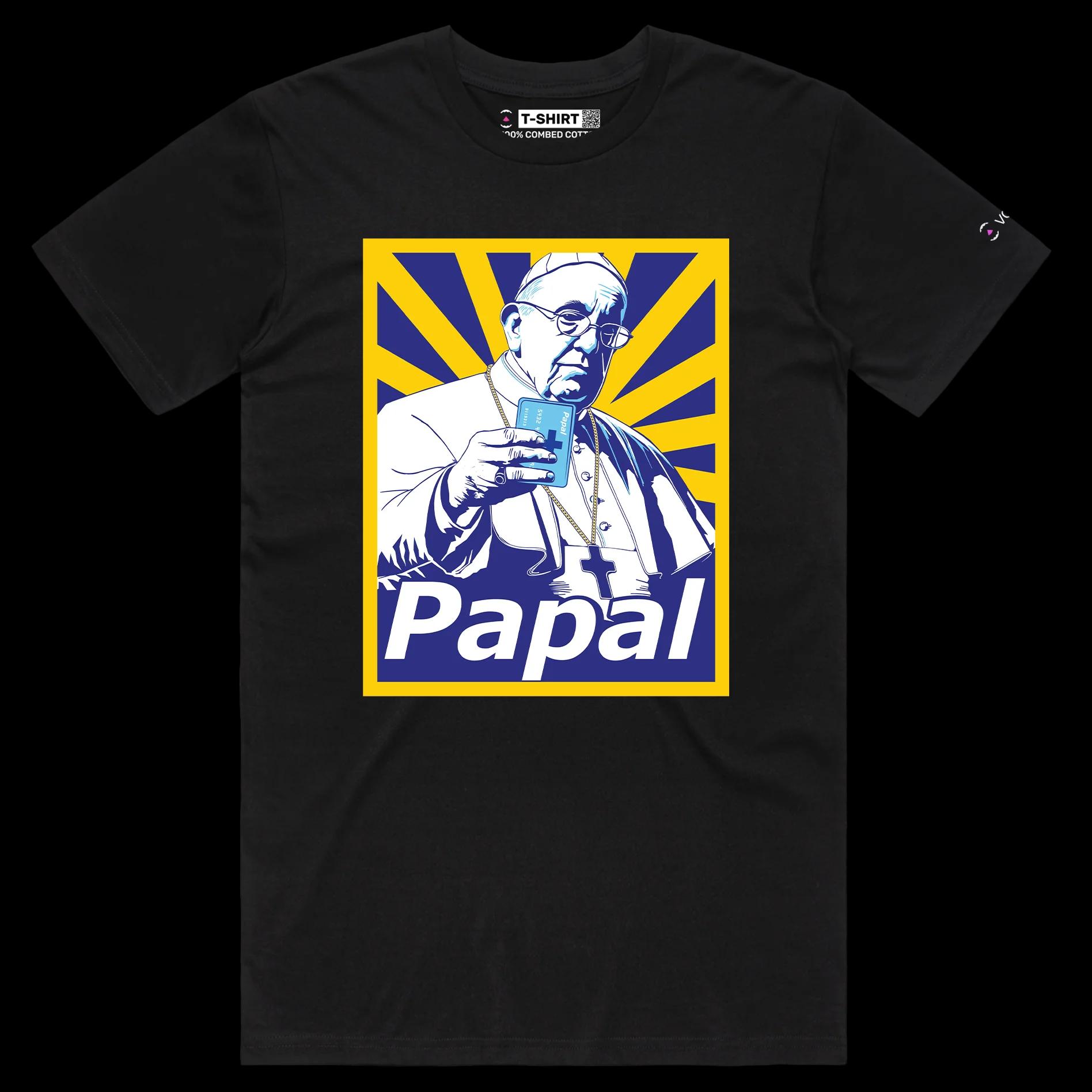 VOICEART Black Male Regular Popes Payment Method Funny TShirt Premium Quality Graphic Religion Themed PaPal Wordplay Tee