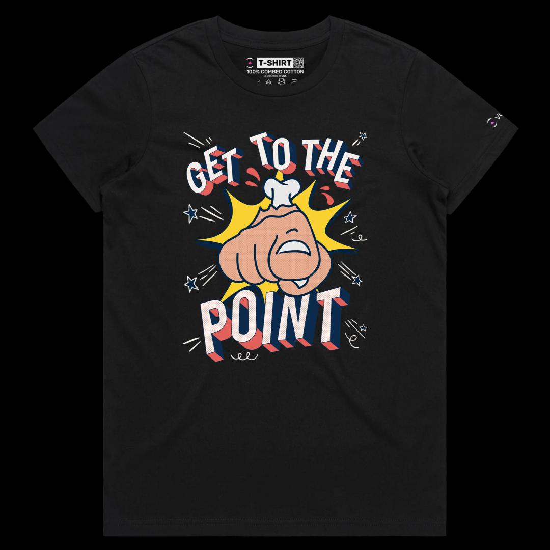 VOICEART Black Female Regular Finger Pointing Funny T-Shirt Premium Quality Get to the Point Directive Tee for Straight Talk