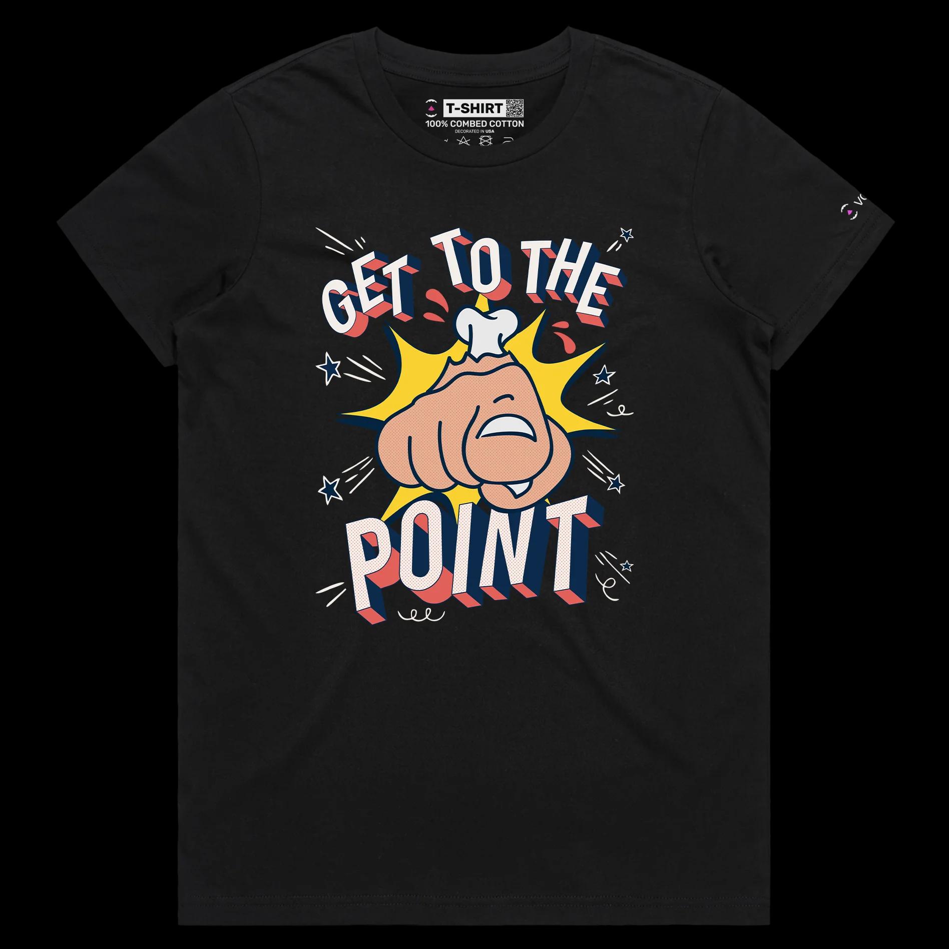 VOICEART Black Female Regular Finger Pointing Funny T-Shirt Premium Quality Get to the Point Directive Tee for Straight Talk