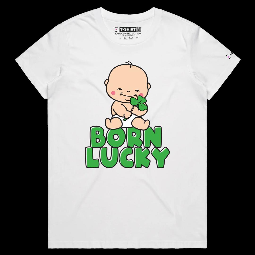 VOICEART White Female Regular Smiling Baby Three-Leaf Clover Funny T-Shirt Premium Graphic Design Good Luck Tee