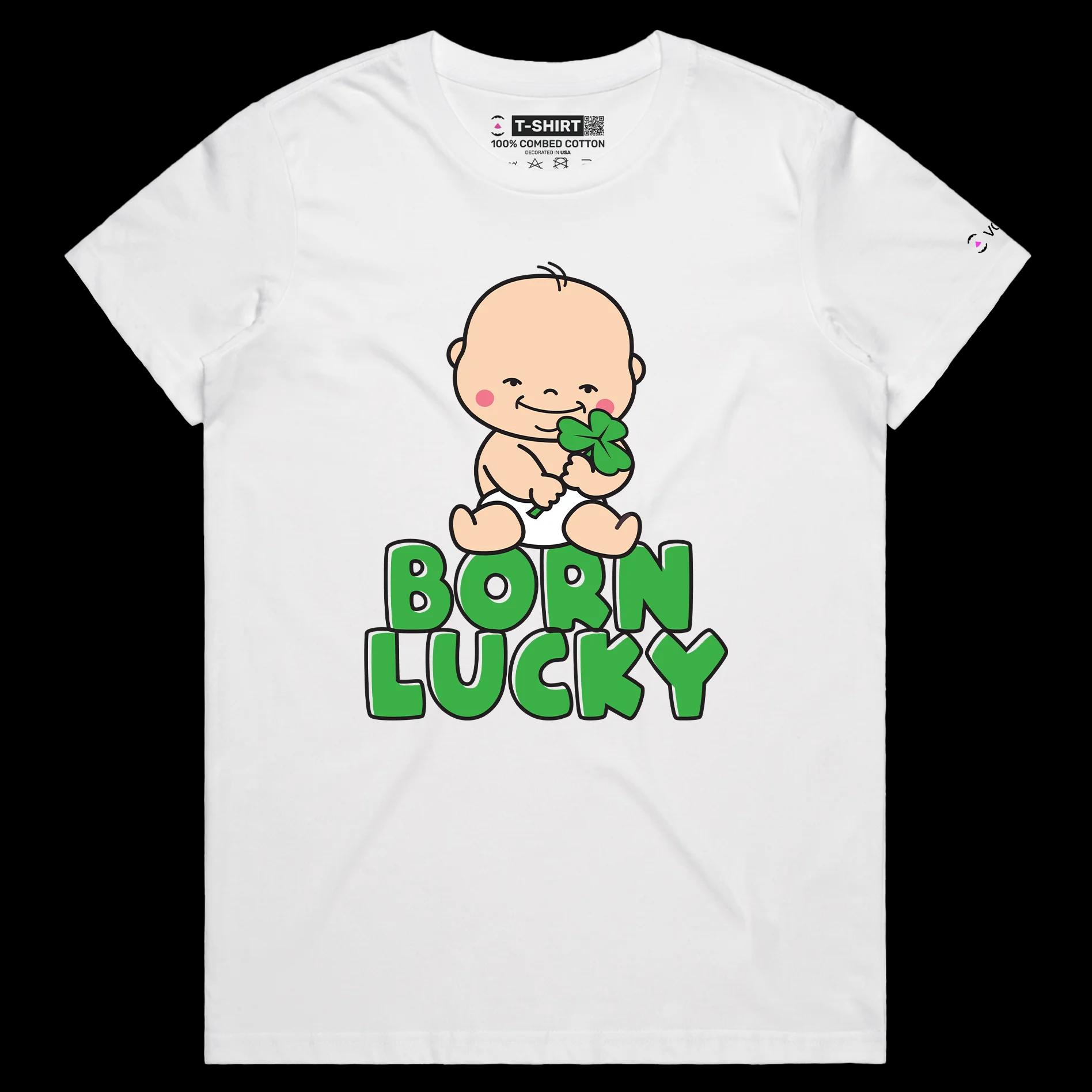 VOICEART White Female Regular Smiling Baby Three-Leaf Clover Funny T-Shirt Premium Graphic Design Good Luck Tee