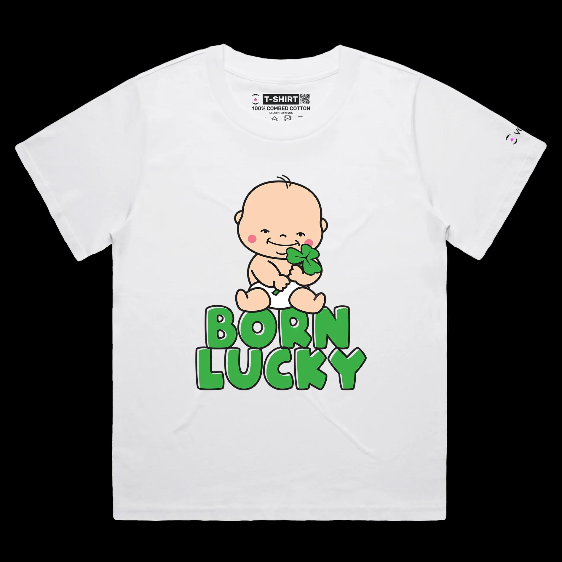 VOICEART White Female Loose Smiling Baby Three-Leaf Clover Funny T-Shirt Premium Graphic Design Good Luck Tee